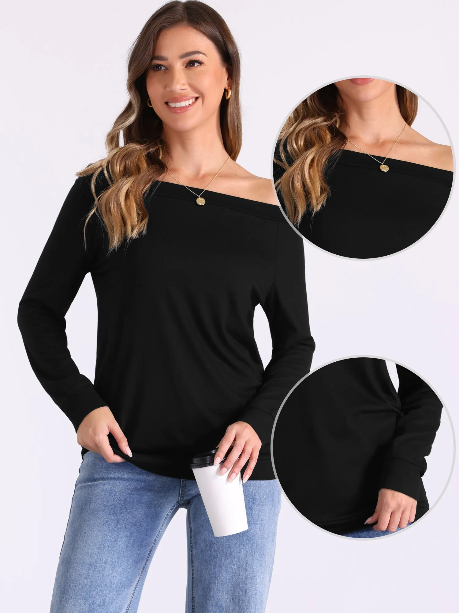 Off Shoulder Stretch Long Sleeve Solid Color Casual Blouse sold by Allegra K product image thumbnail 2