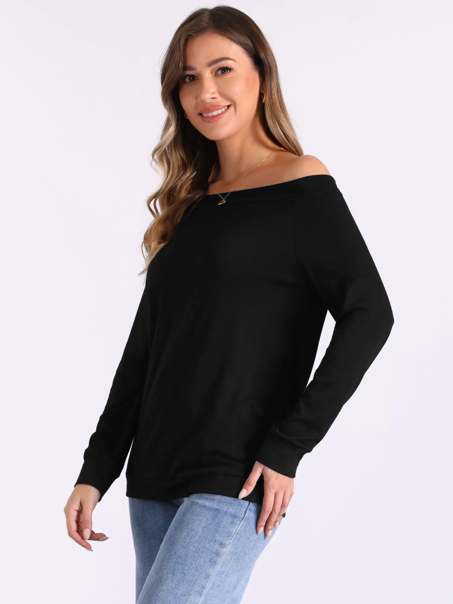 Off Shoulder Stretch Long Sleeve Solid Color Casual Blouse sold by Allegra K