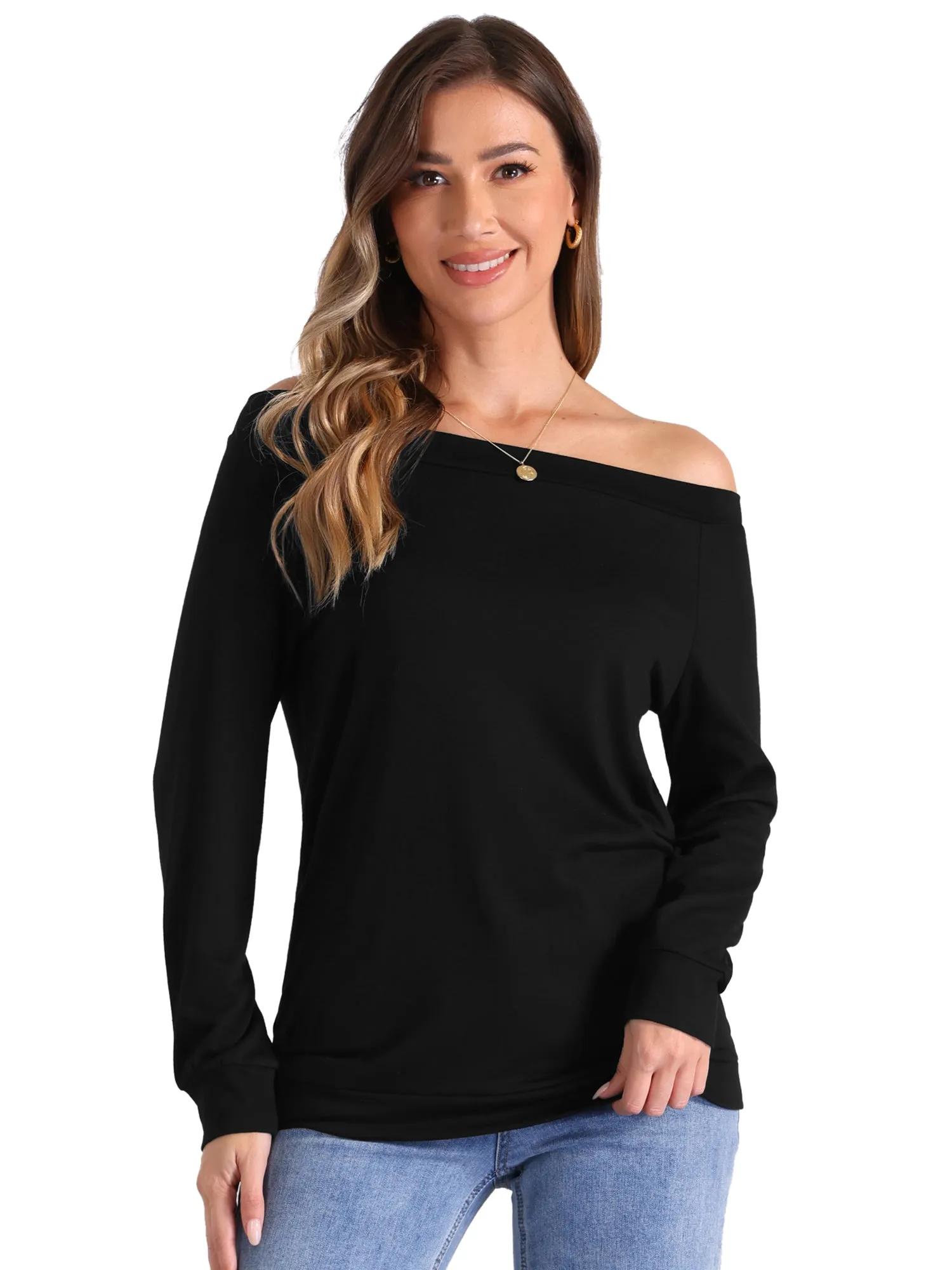 Off Shoulder Stretch Long Sleeve Solid Color Casual Blouse sold by Allegra K product image thumbnail 4