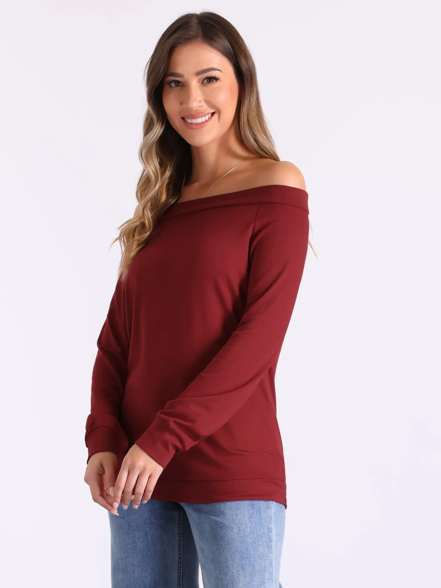 Off Shoulder Stretch Long Sleeve Solid Color Casual Blouse sold by Allegra K product image thumbnail 5