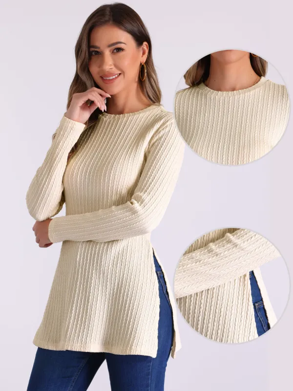 Long Sleeve Split Hem Crew Neck Textured Tunic Top sold by Allegra K