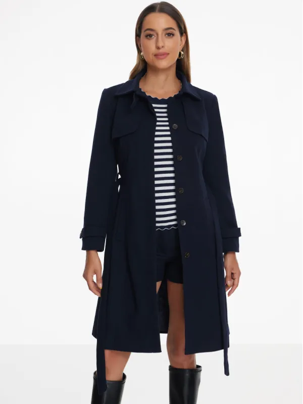 Collared Single Breasted Long Sleeve Belted Pea Coat sold by Allegra K