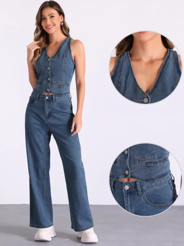 2 Pieces Sleeveless Button V Neck Denim Waistcoat Vest & Wide Leg Jeans Set sold by Allegra K
