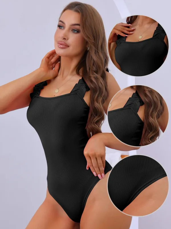 Ruffled Straps Knitted Solid Color Leotard Bodysuit sold by Allegra K