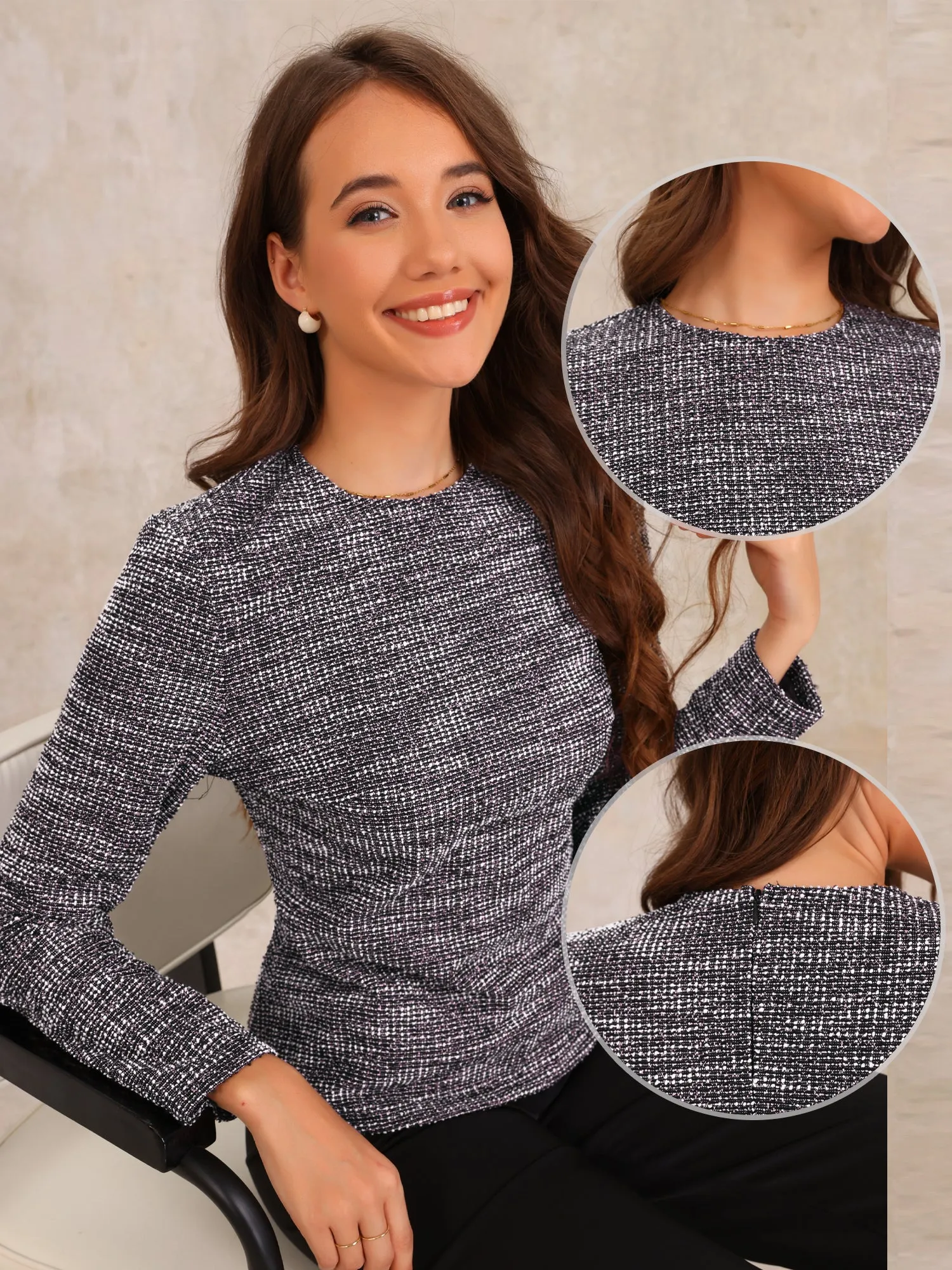 Tweed Zipper Back Long Sleeve Crew Neck Elegant Blouse sold by Allegra K