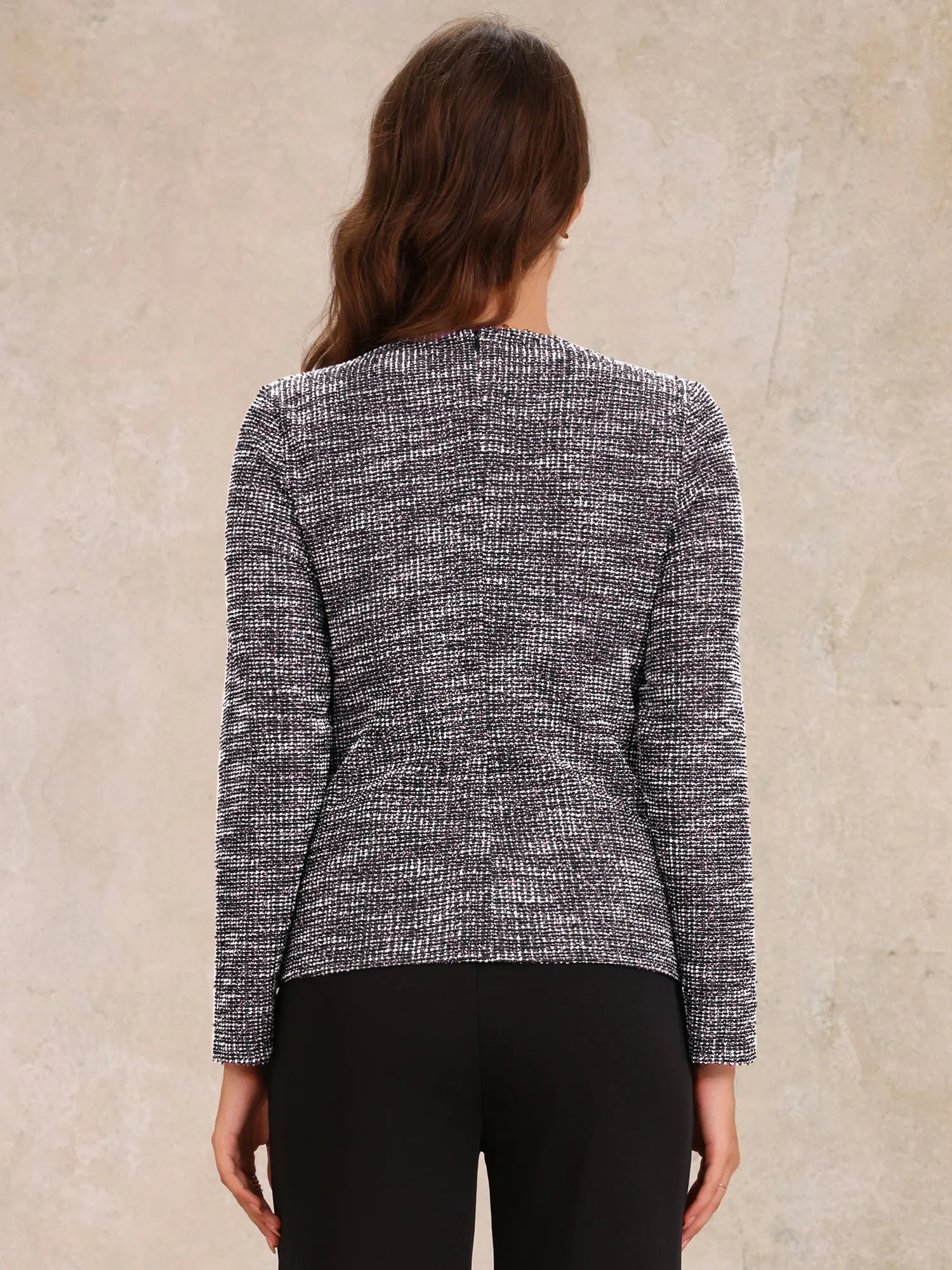 Tweed Zipper Back Long Sleeve Crew Neck Elegant Blouse sold by Allegra K product image thumbnail 3