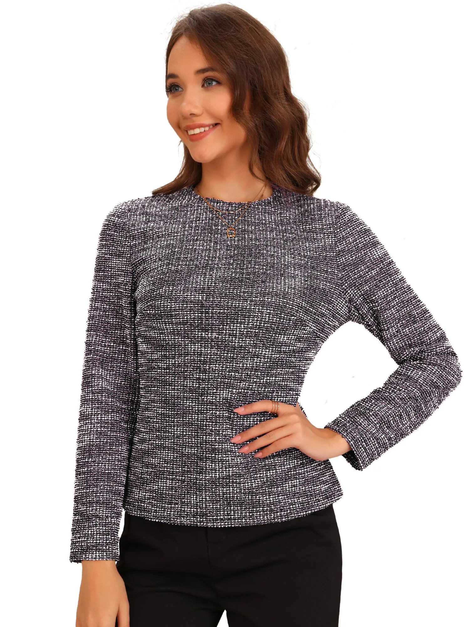 Tweed Zipper Back Long Sleeve Crew Neck Elegant Blouse sold by Allegra K product image thumbnail 5