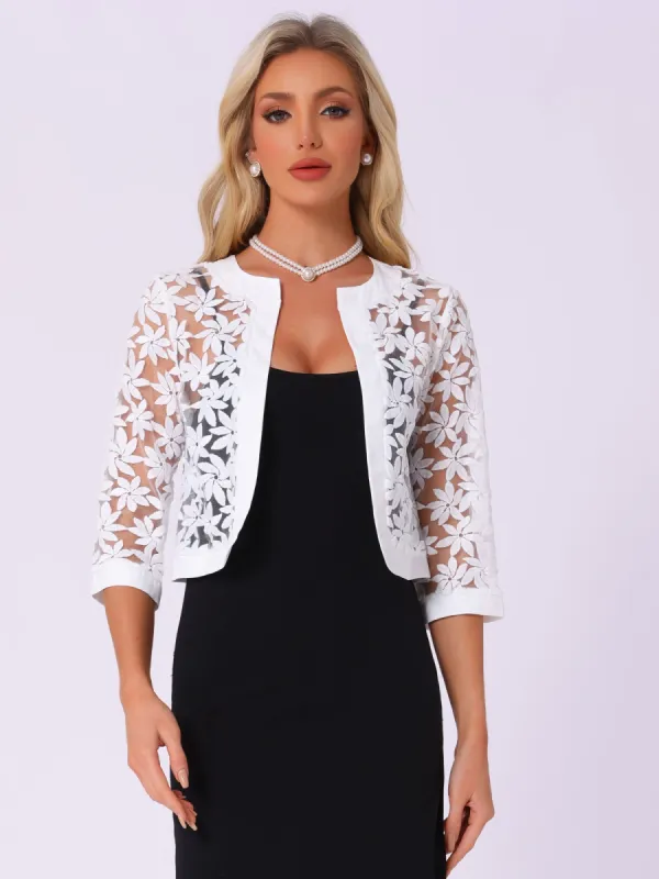 Floral Lace 3/4 Sleeve Cropped Open Front Elegant Bolero Shrug sold by Allegra K