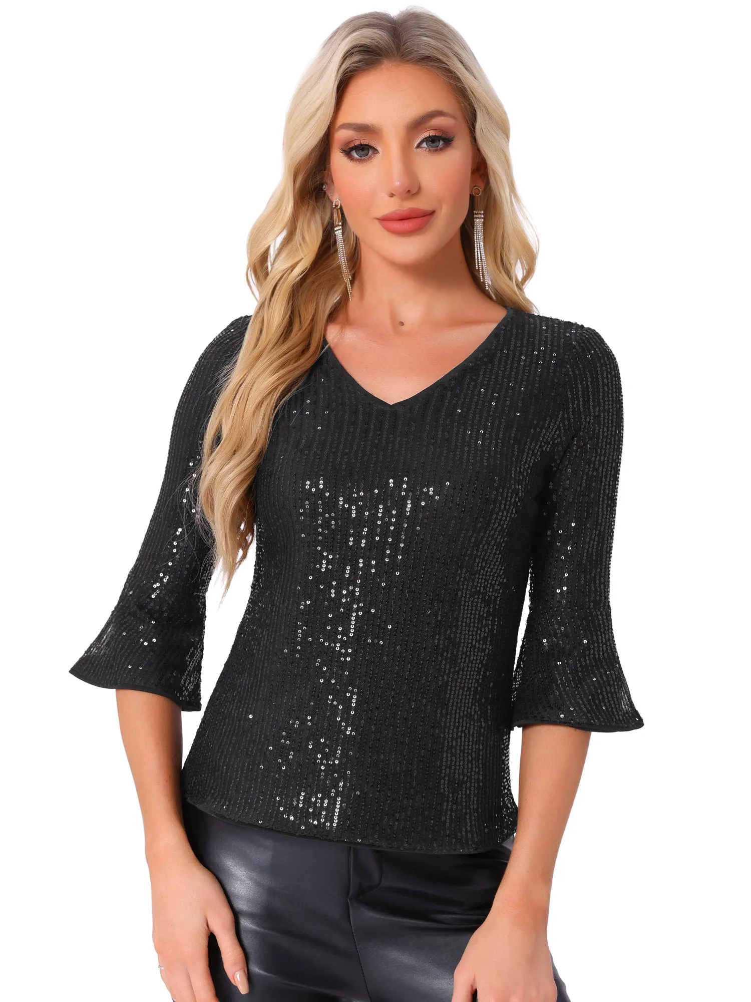 Sequin 3/4 Bell Sleeve V Neck Sparkly Glitter Party Blouse sold by Allegra K product image thumbnail 5