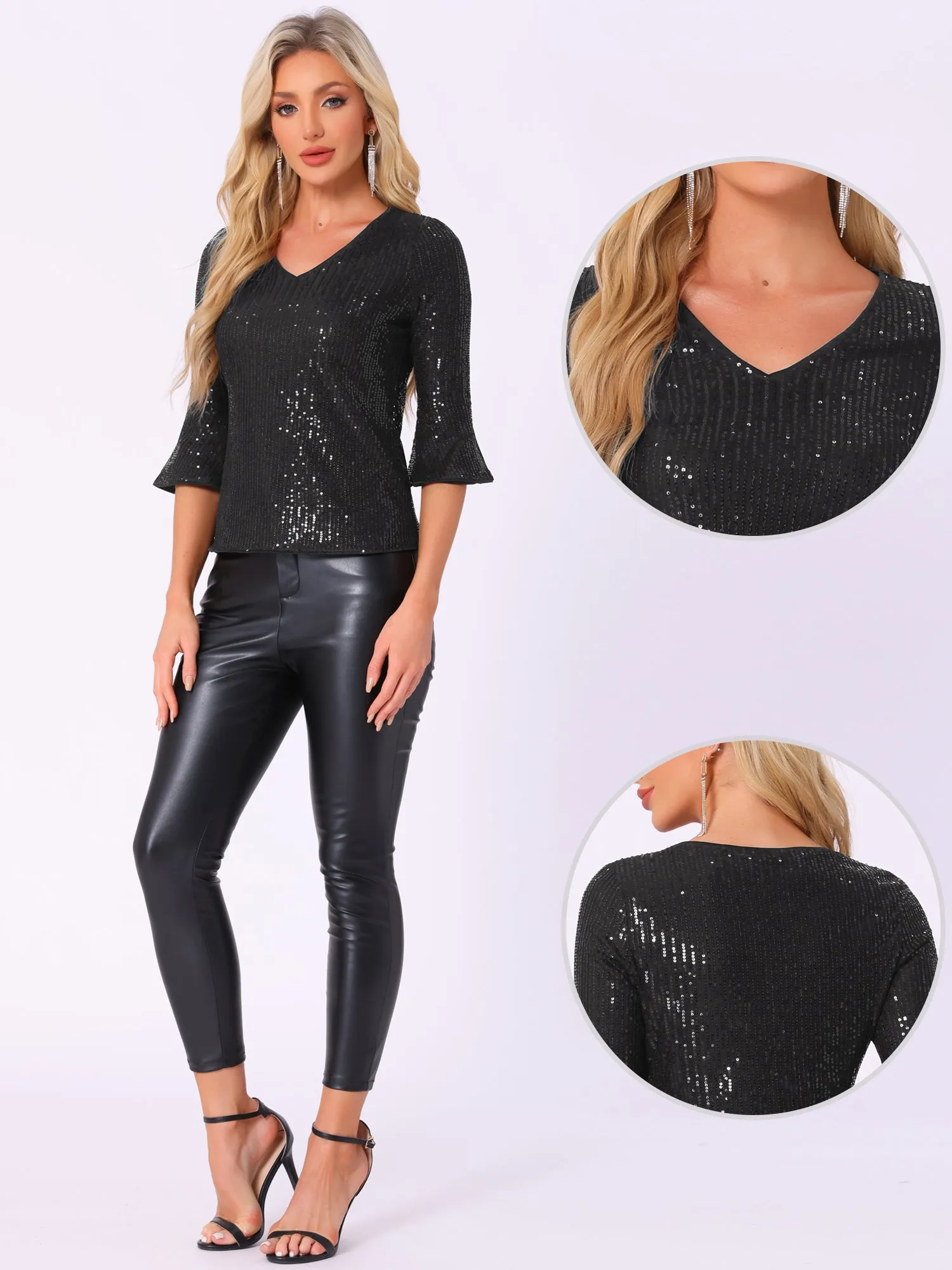 Sequin 3/4 Bell Sleeve V Neck Sparkly Glitter Party Blouse sold by Allegra K product image thumbnail 2