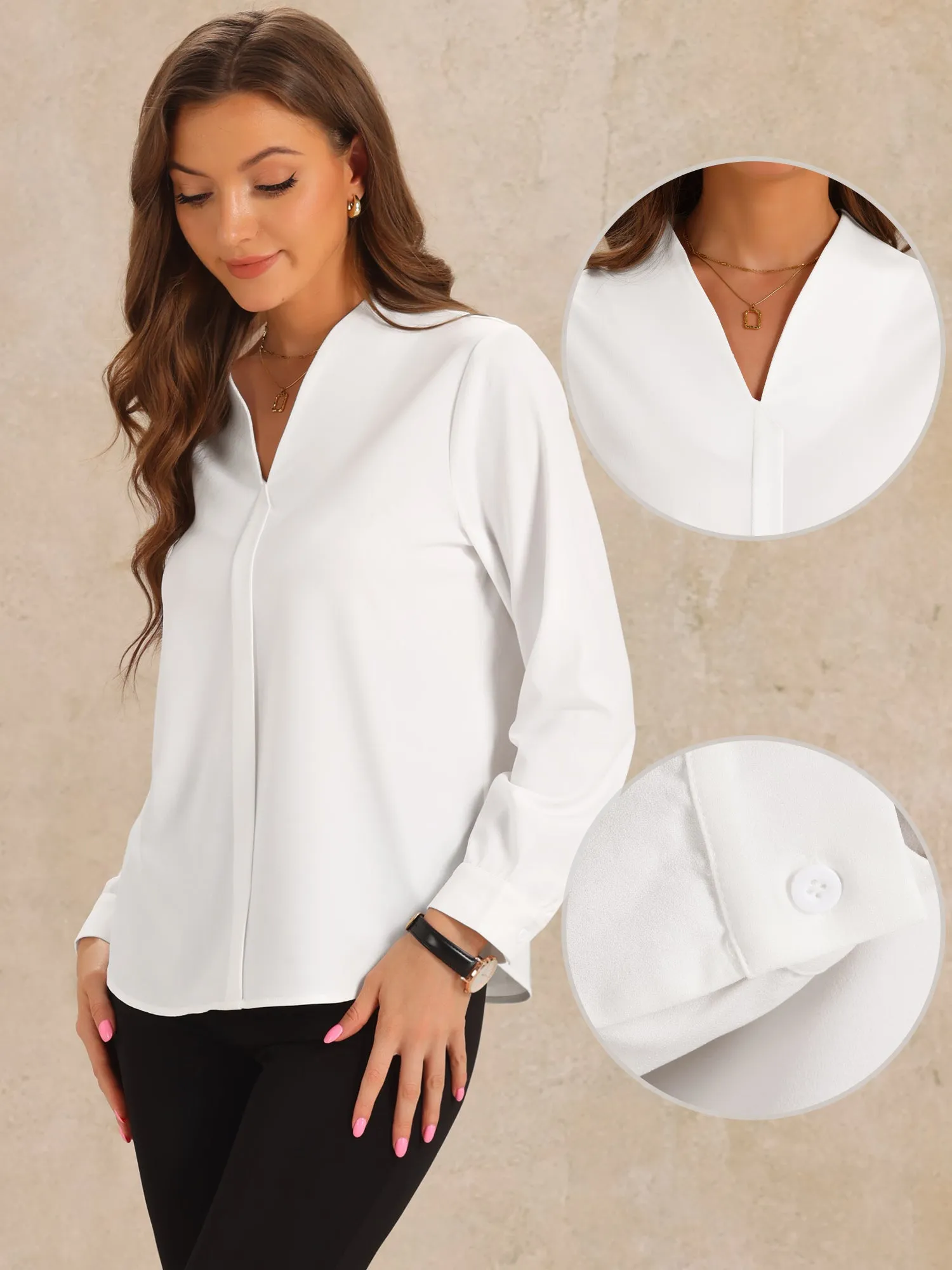 Long Sleeves V Neck Solid Color Casual Blouse sold by Allegra K product image thumbnail 2