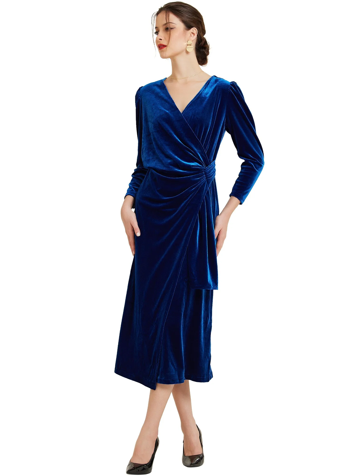 Velvet Long Sleeves Solid Ruched Midi Cocktail Dress sold by Allegra K product image thumbnail 5