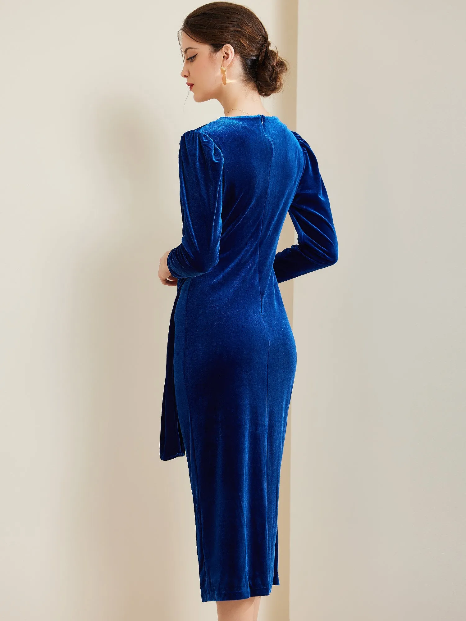 Velvet Long Sleeves Solid Ruched Midi Cocktail Dress sold by Allegra K product image thumbnail 3