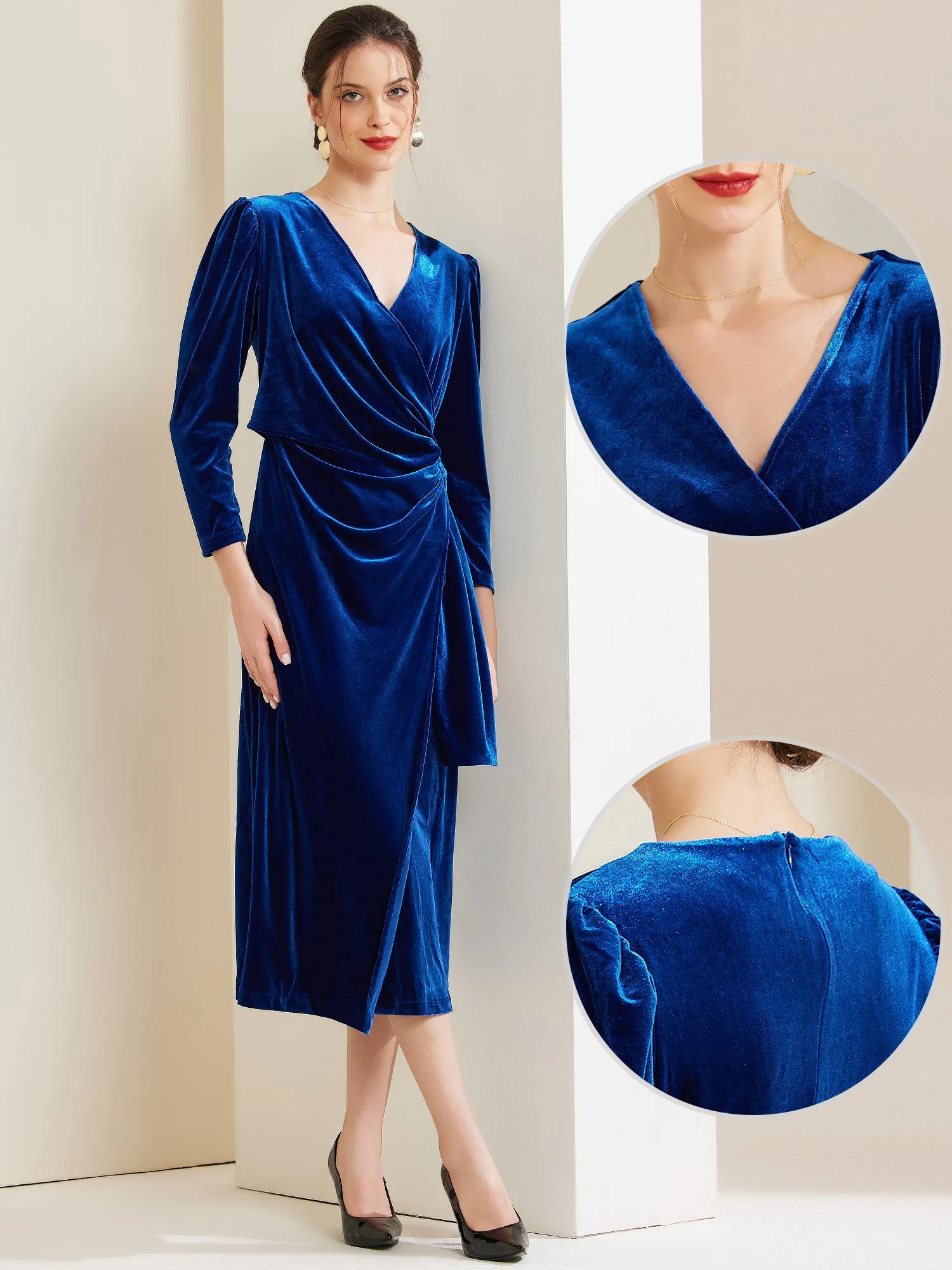 Velvet Long Sleeves Solid Ruched Midi Cocktail Dress sold by Allegra K