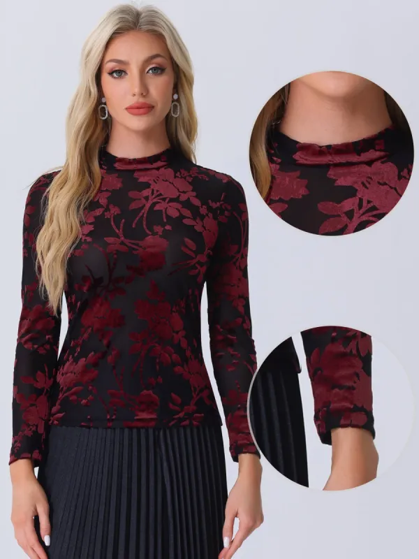 See Through Mesh Mock Neck Velvet Floral Blouse sold by Allegra K
