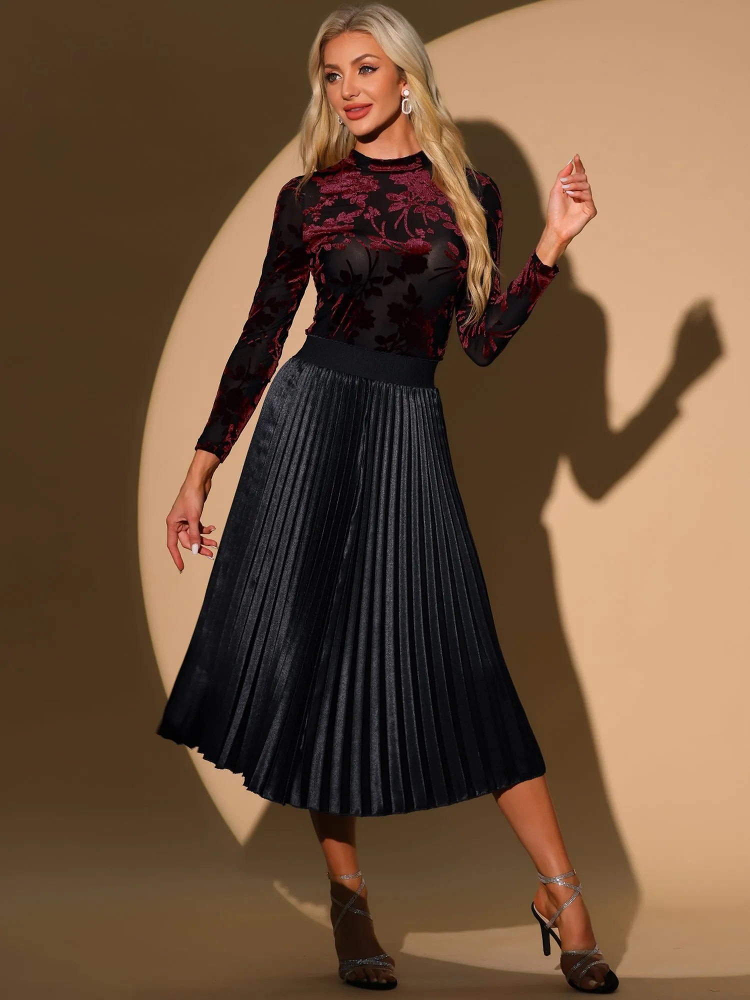 See Through Mesh Mock Neck Velvet Floral Blouse sold by Allegra K product image thumbnail 3