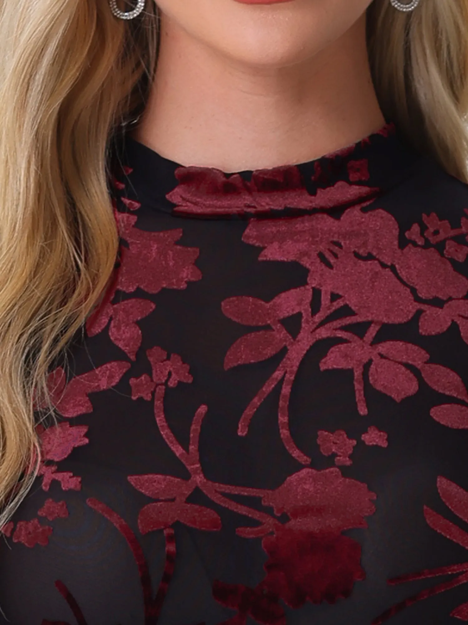 See Through Mesh Mock Neck Velvet Floral Blouse sold by Allegra K product image thumbnail 4