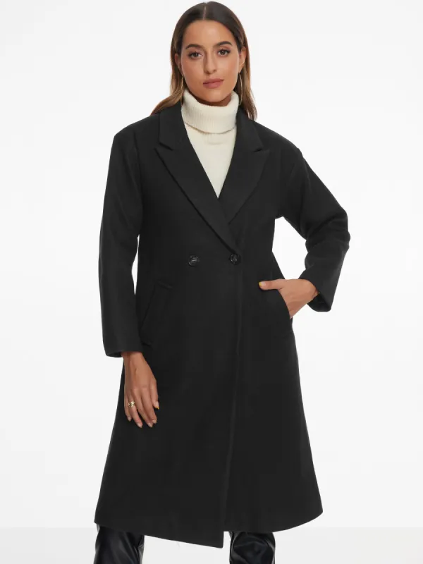 Notch Lapel Double-Breasted Solid Color Mid-Length Pea Coat sold by Allegra K