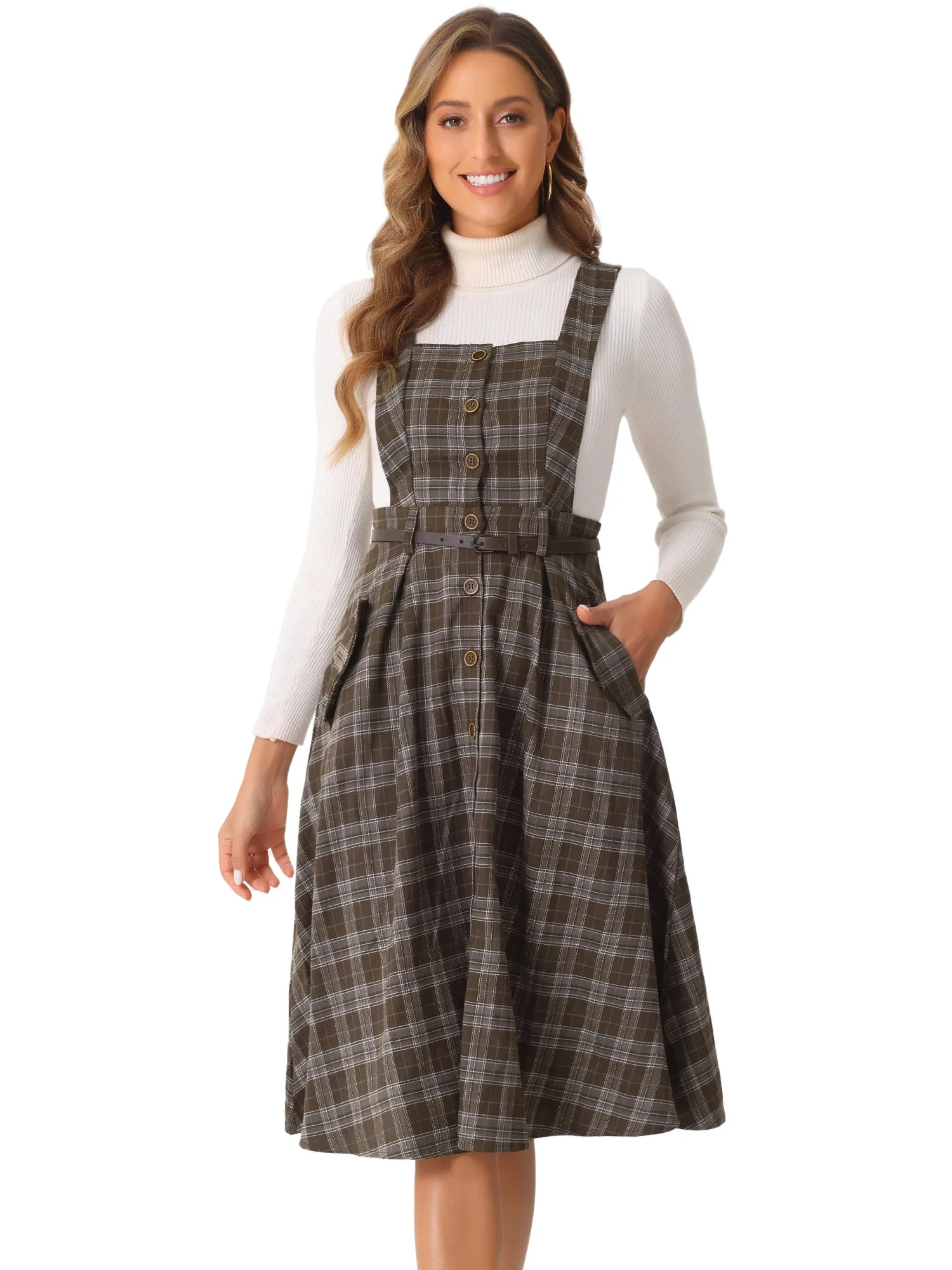 Plaid Overall Vintage Sleeveless Pockets A-Line Pinafore Dress sold by Allegra K product image thumbnail 5