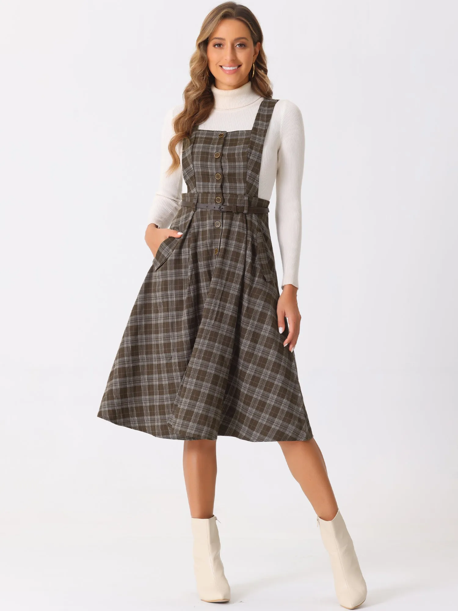 Plaid Overall Vintage Sleeveless Pockets A-Line Pinafore Dress sold by Allegra K