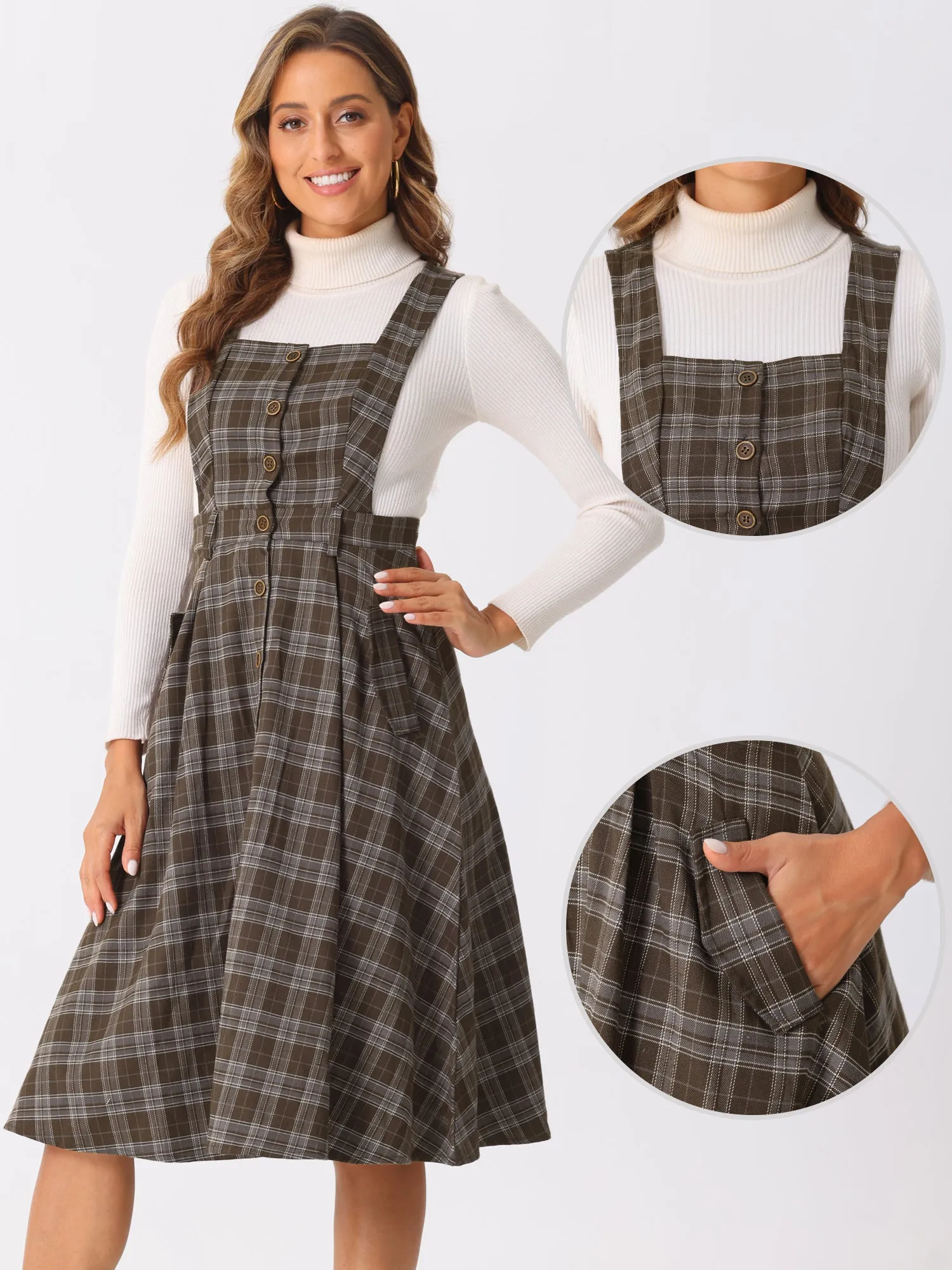 Plaid Overall Vintage Sleeveless Pockets A-Line Pinafore Dress sold by Allegra K product image thumbnail 2