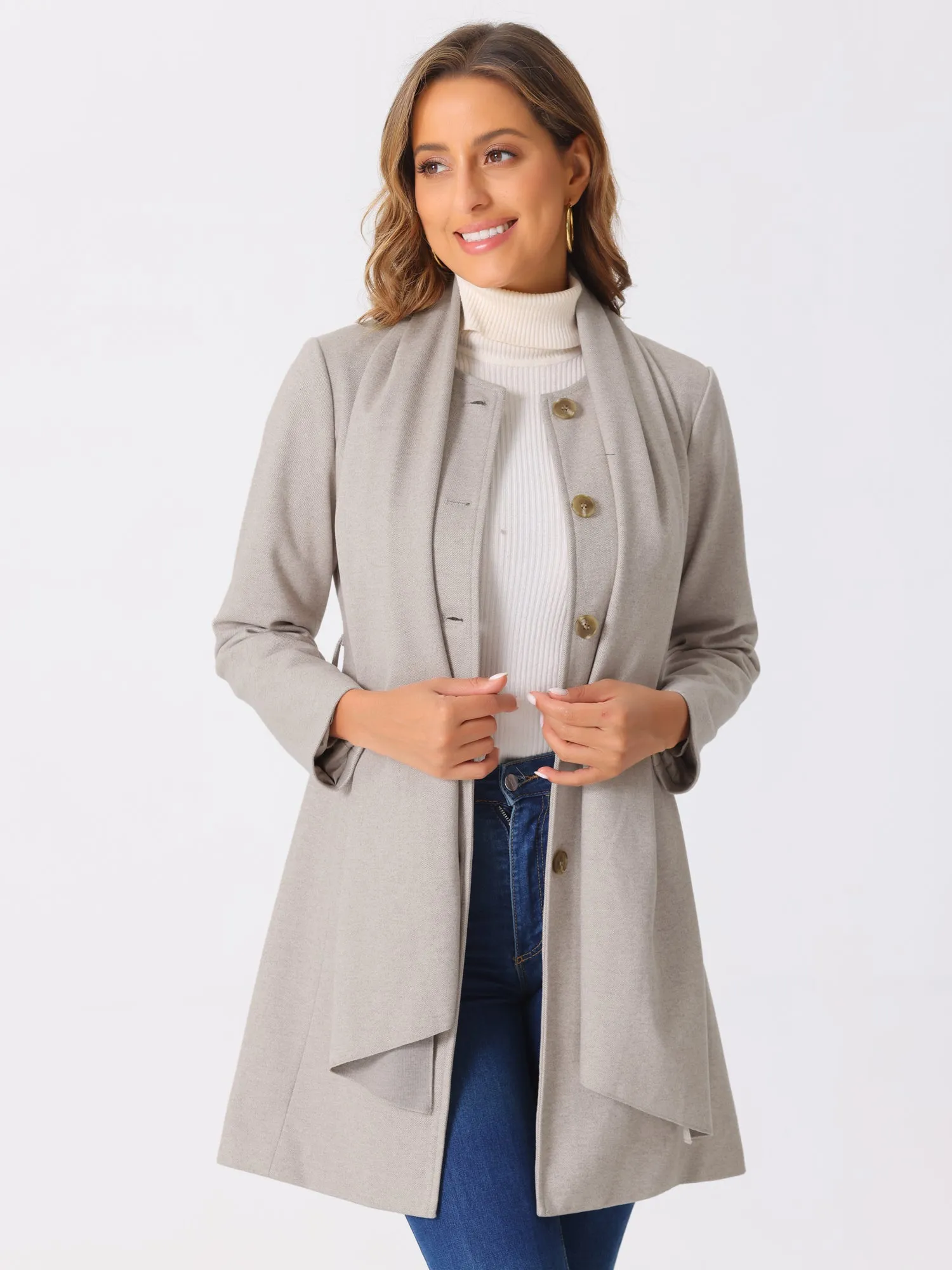 Round Neck Button Down Belted Casual Scarf Coat sold by Allegra K