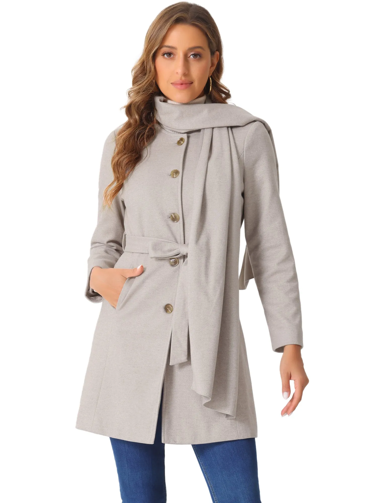 Round Neck Button Down Belted Casual Scarf Coat sold by Allegra K product image thumbnail 5