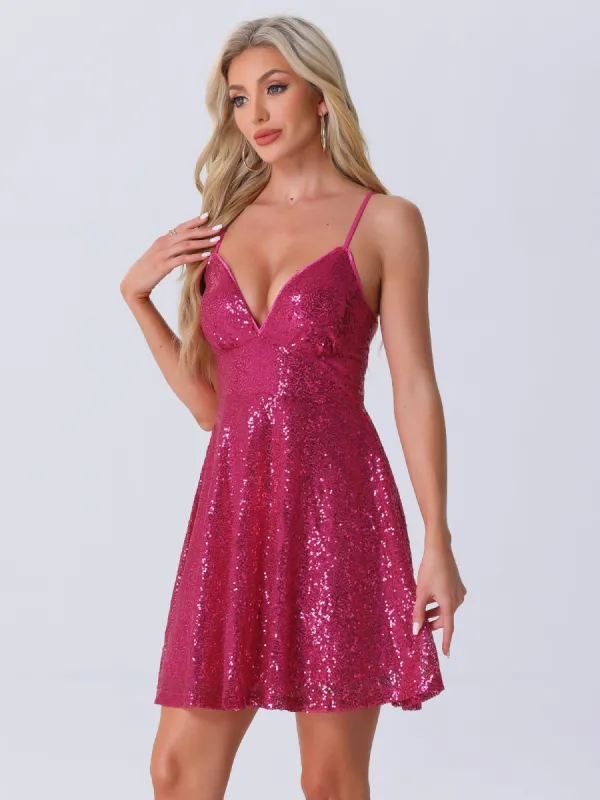 Glitter Sequin Spaghetti Strap Tie Back Backless Mini Party Dress sold by Allegra K