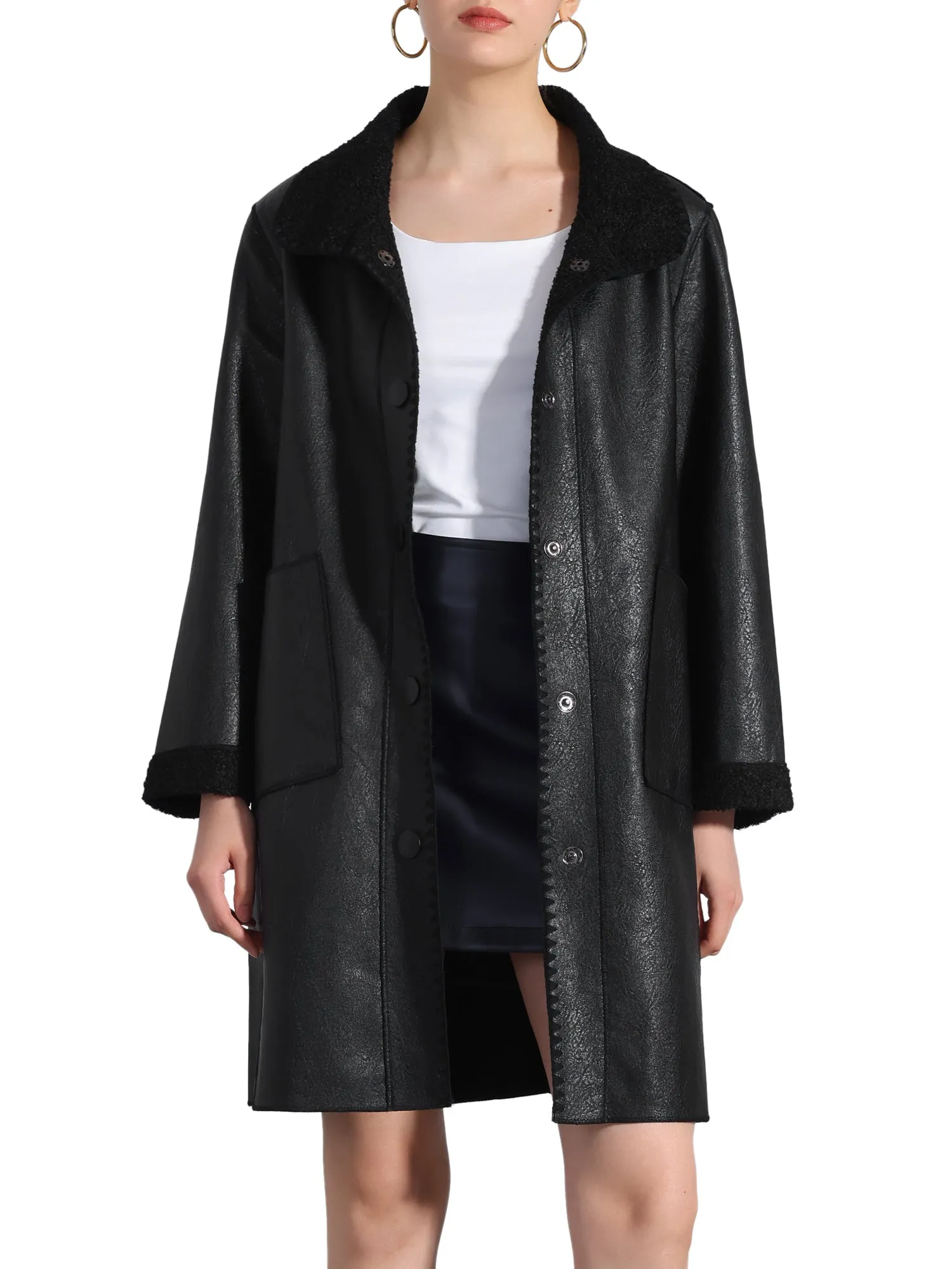 Faux Leather Button Up Peter Pan Collar Mid Long Jacket sold by Allegra K product image thumbnail 5