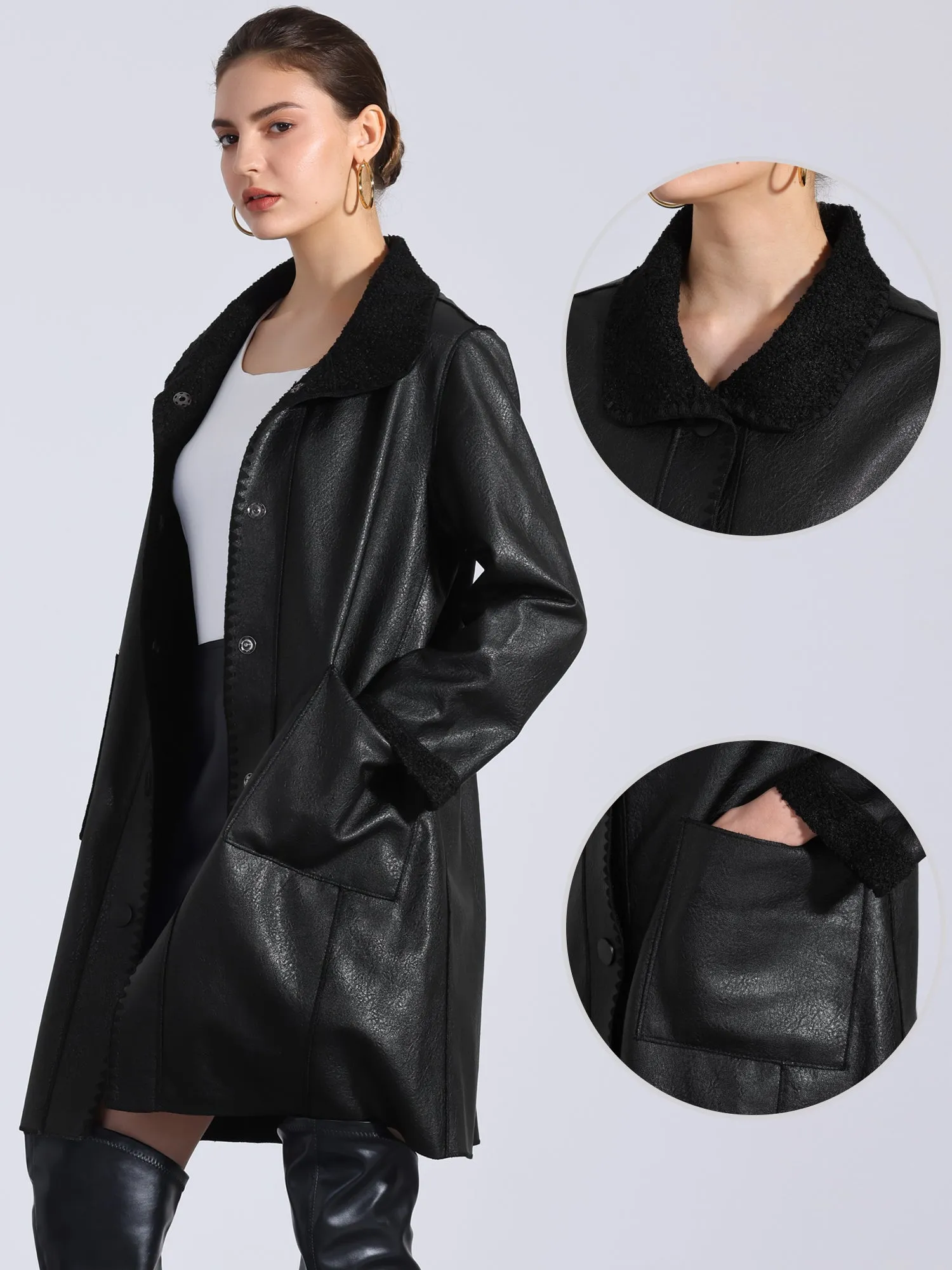 Faux Leather Button Up Peter Pan Collar Mid Long Jacket sold by Allegra K product image thumbnail 2