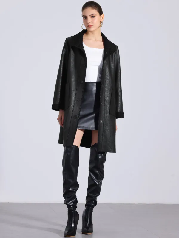 Faux Leather Button Up Peter Pan Collar Mid Long Jacket sold by Allegra K