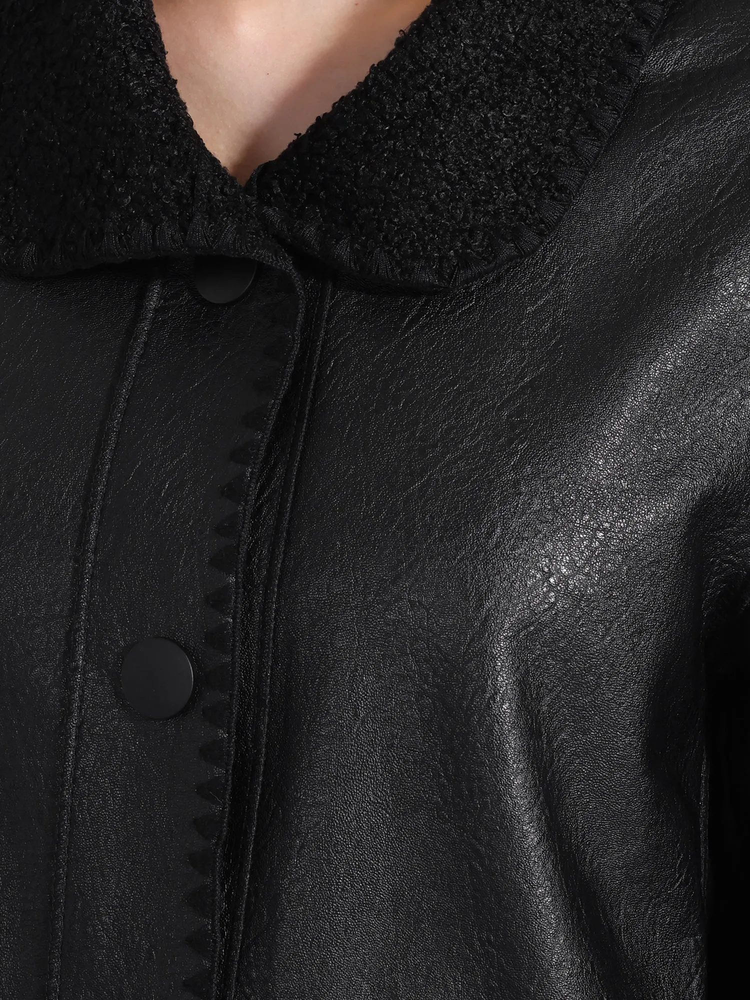 Faux Leather Button Up Peter Pan Collar Mid Long Jacket sold by Allegra K product image thumbnail 4