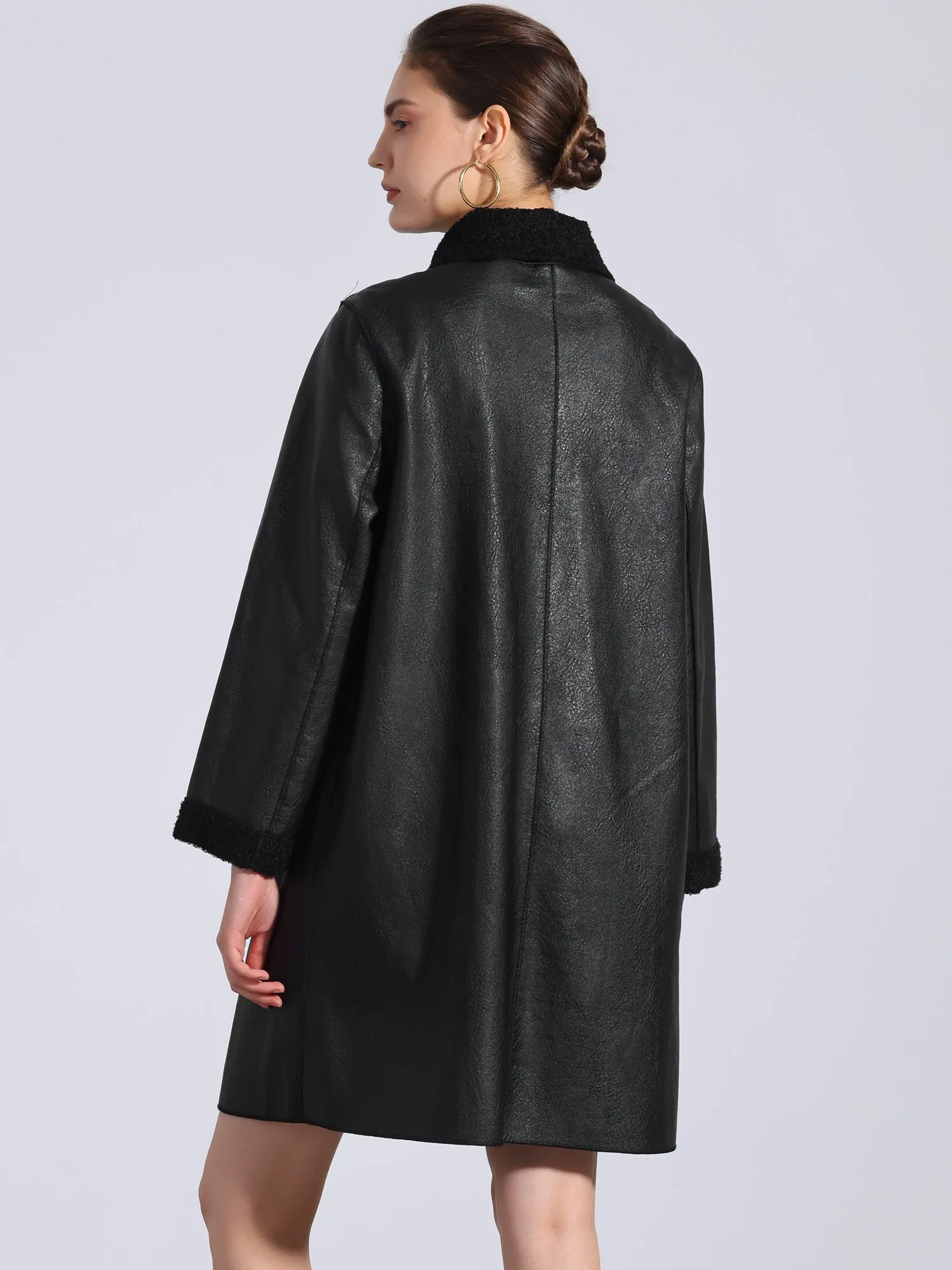 Faux Leather Button Up Peter Pan Collar Mid Long Jacket sold by Allegra K product image thumbnail 3