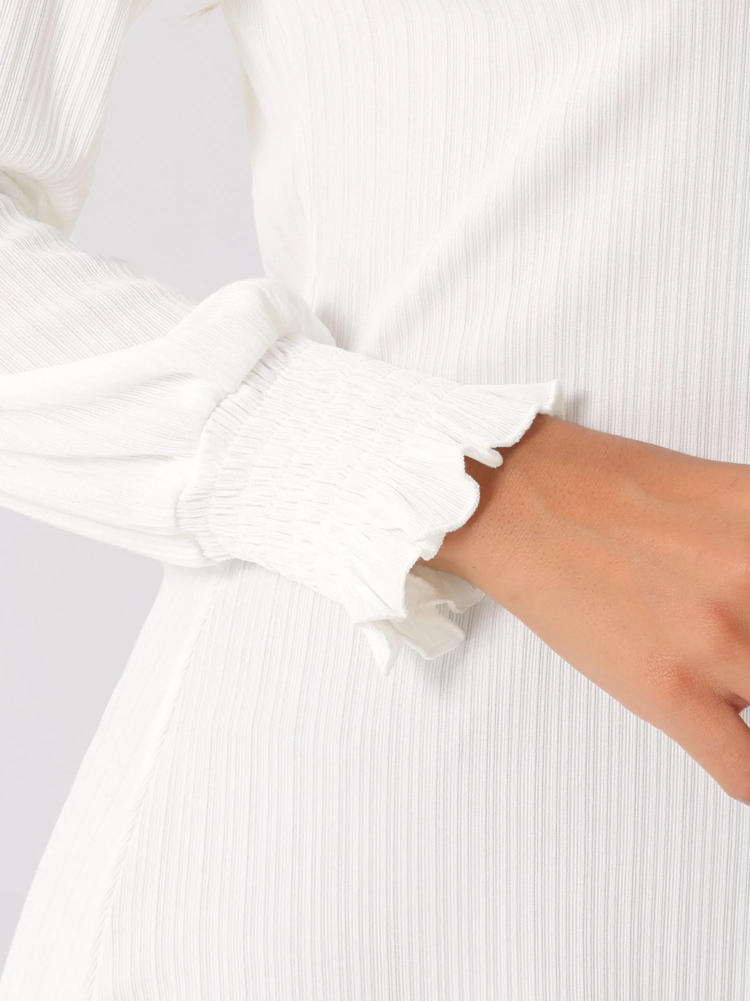 Mock Neck Textured Smocked Ruffle Cuff Lantern Long Sleeve Top sold by Allegra K product image thumbnail 4
