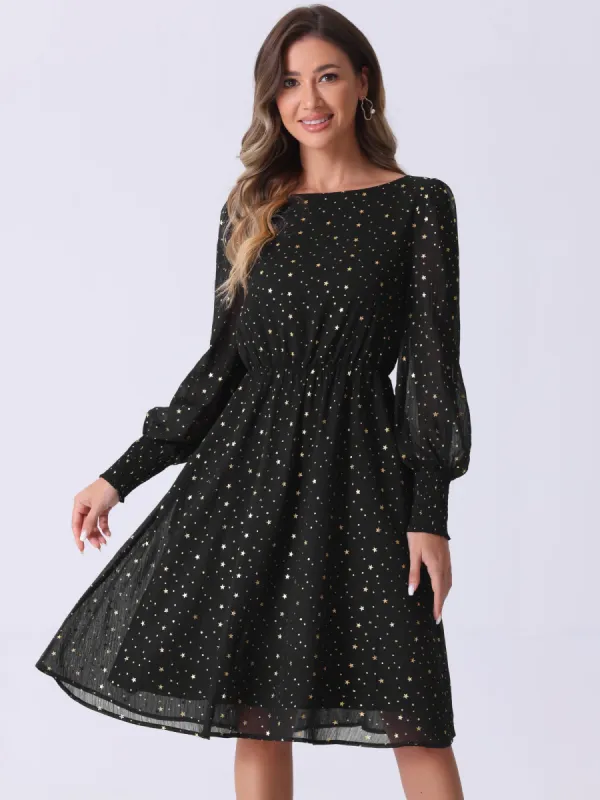 Puff Long Sleeve Metallic Stars Boat Neck Pockets Mesh Midi Dress sold by Allegra K