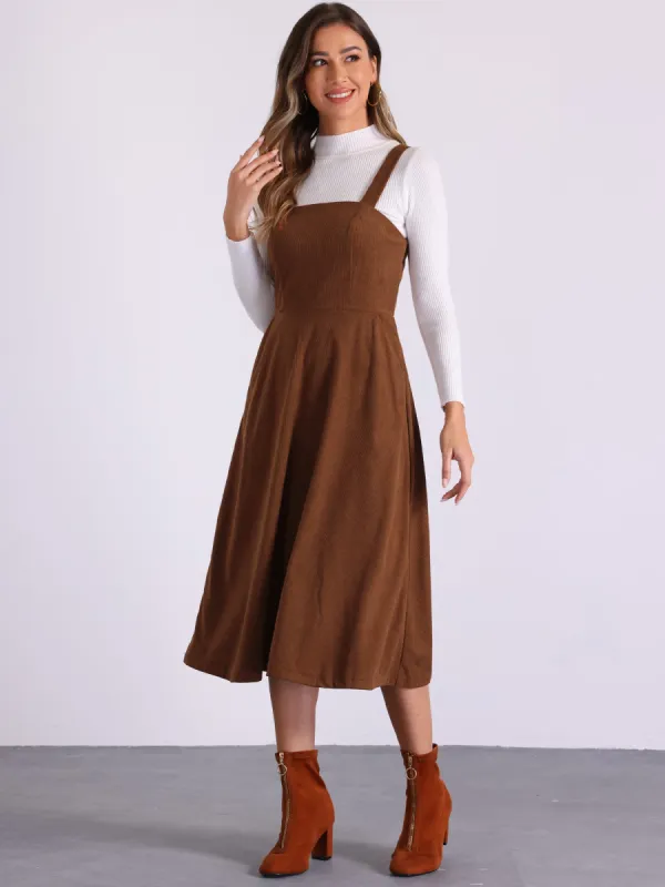 Corduroy Pockets A-Line Sleeveless Casual Midi Pinafore Dress sold by Allegra K