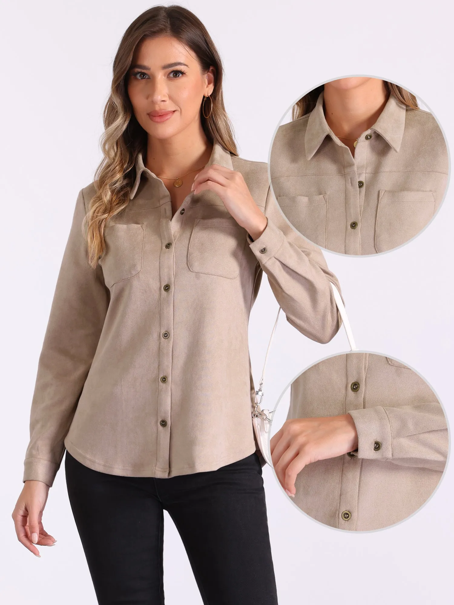Faux Suede Long Sleeve Button Up Casual Shirts sold by Allegra K product image thumbnail 2