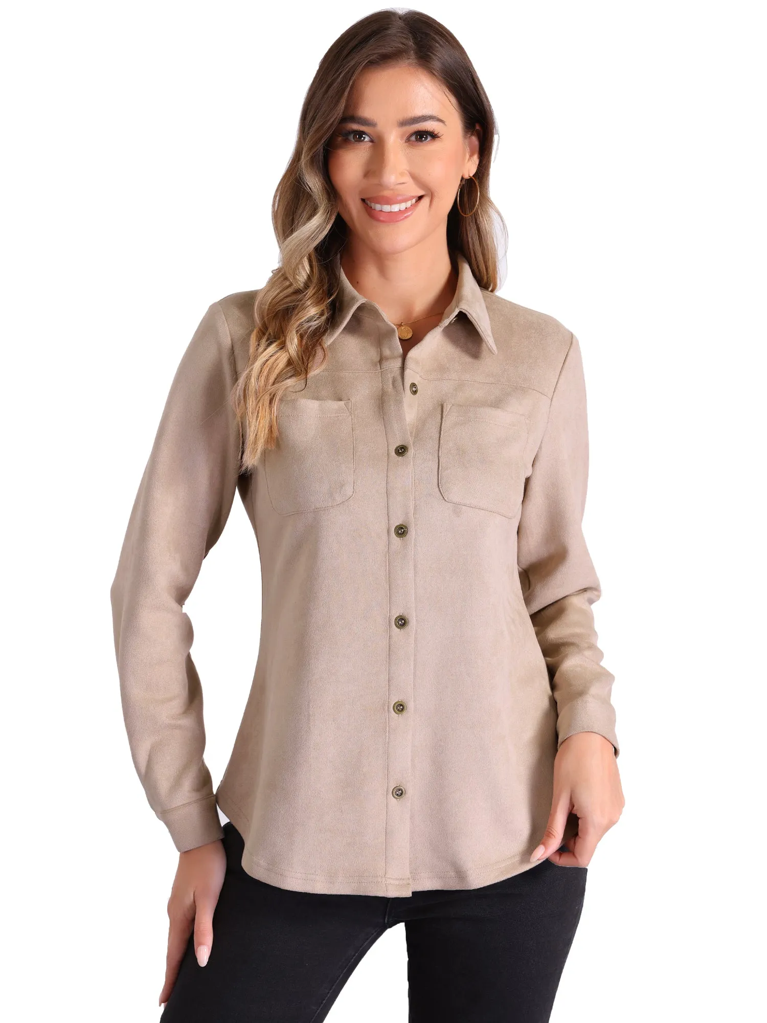 Faux Suede Long Sleeve Button Up Casual Shirts sold by Allegra K product image thumbnail 4