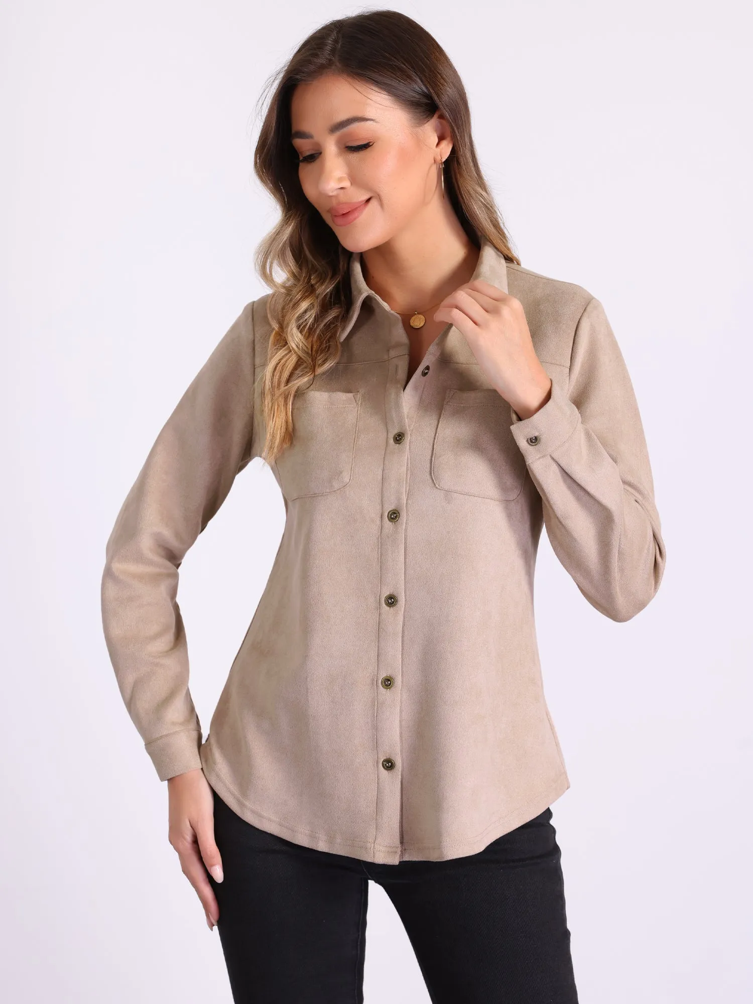 Faux Suede Long Sleeve Button Up Casual Shirts sold by Allegra K