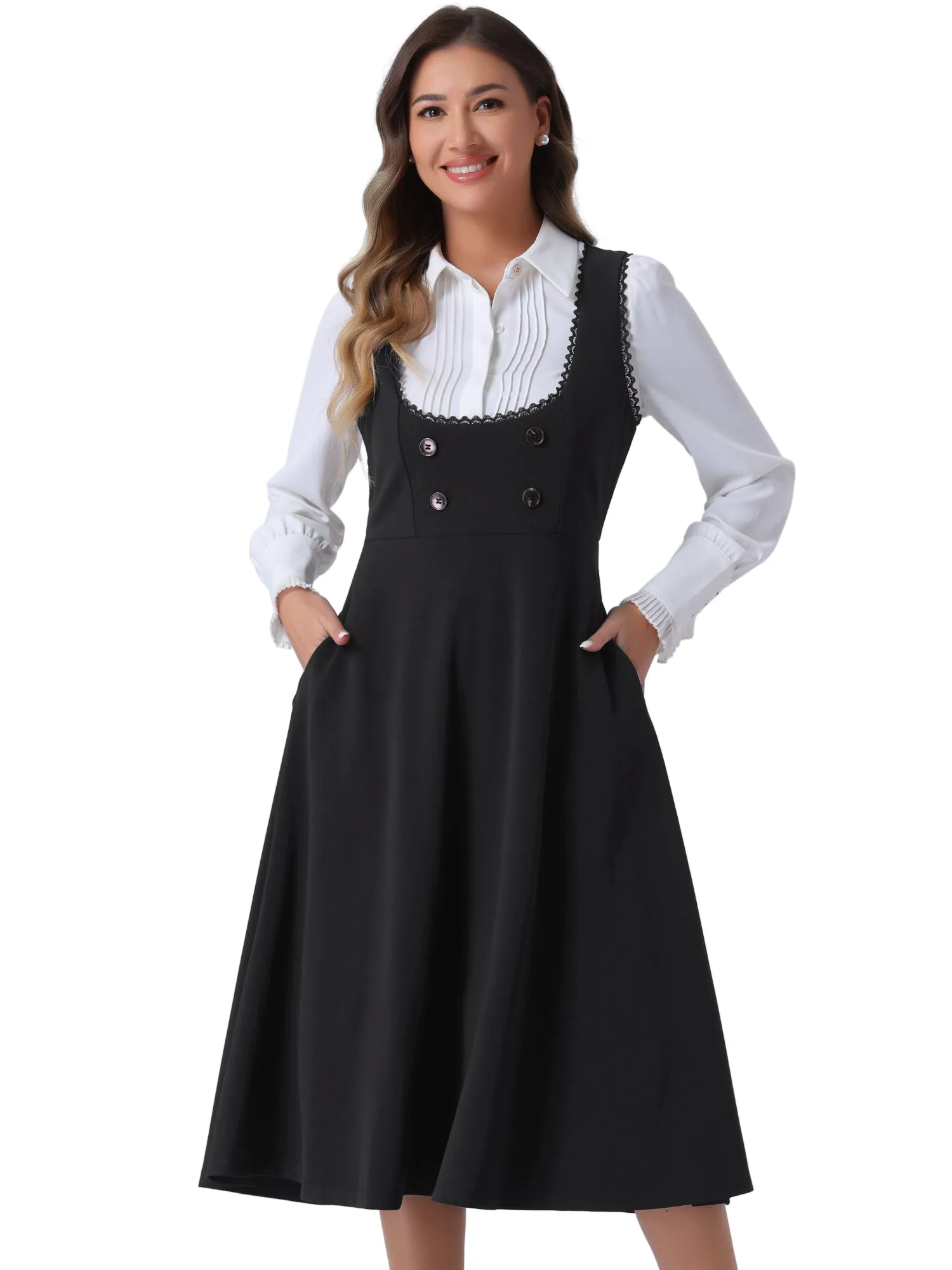 Lace Trim Button Decor Pockets Overalls Midi Pinafore Dress sold by Allegra K product image thumbnail 5