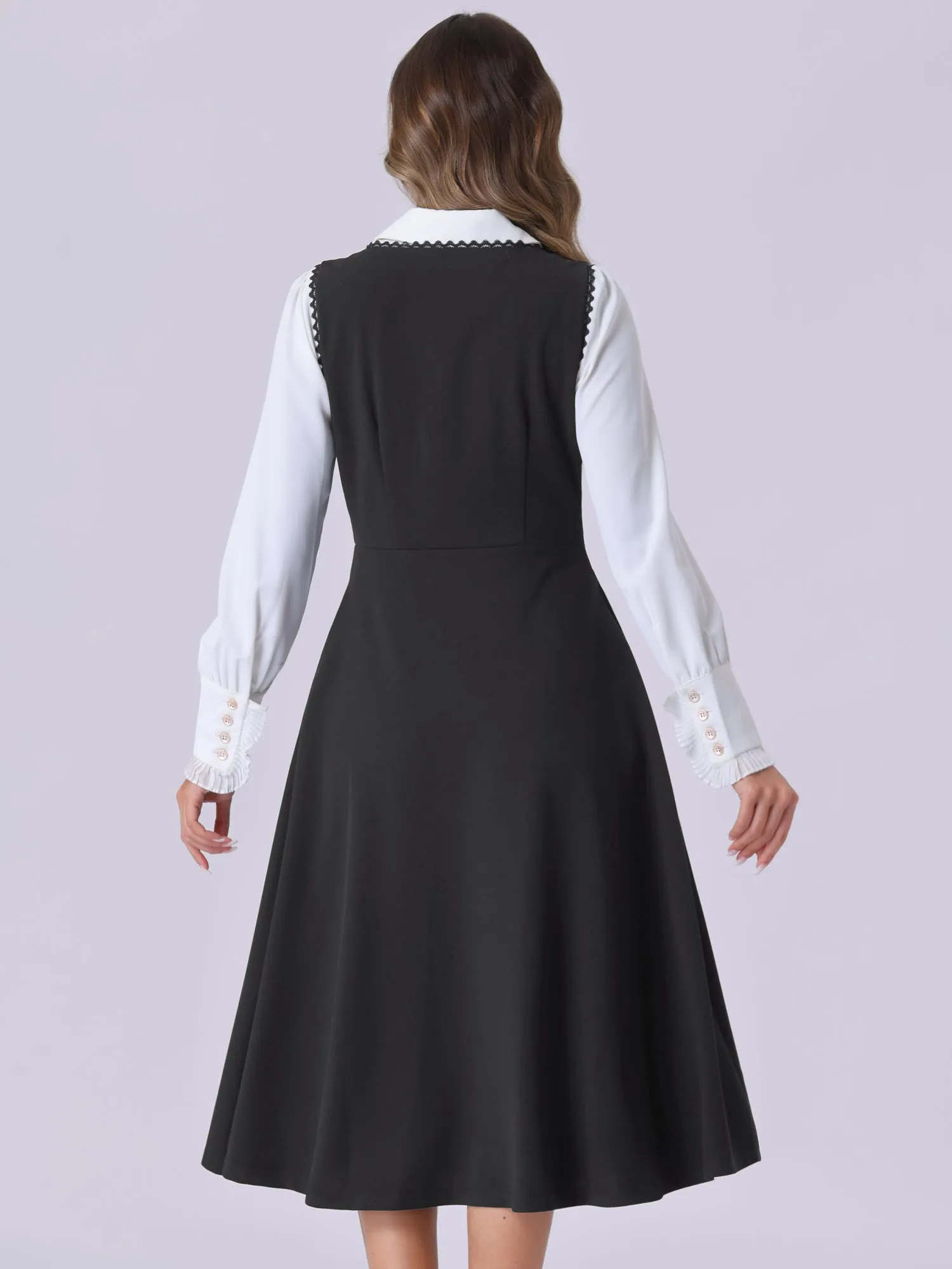 Lace Trim Button Decor Pockets Overalls Midi Pinafore Dress sold by Allegra K product image thumbnail 3