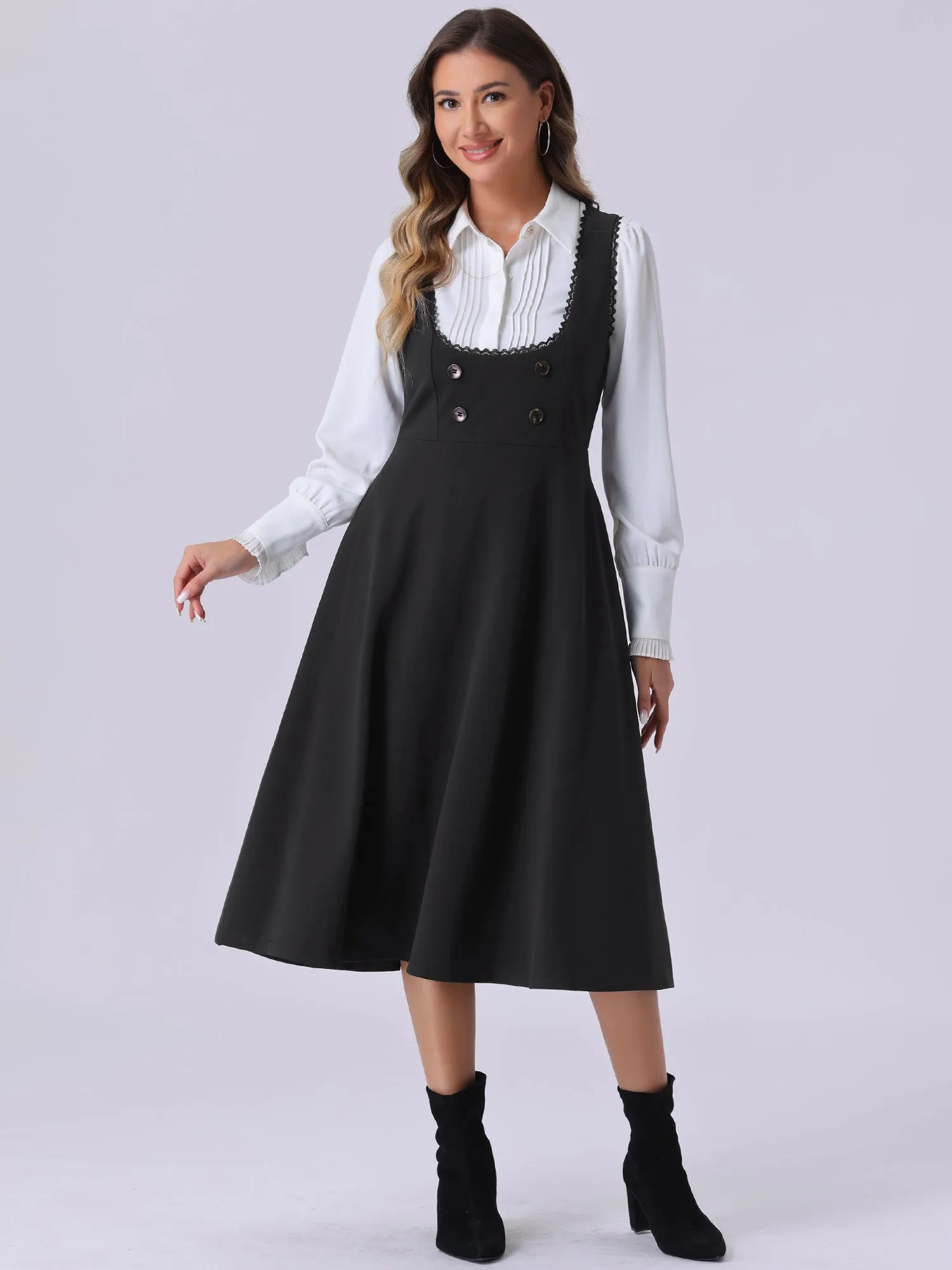 Lace Trim Button Decor Pockets Overalls Midi Pinafore Dress sold by Allegra K