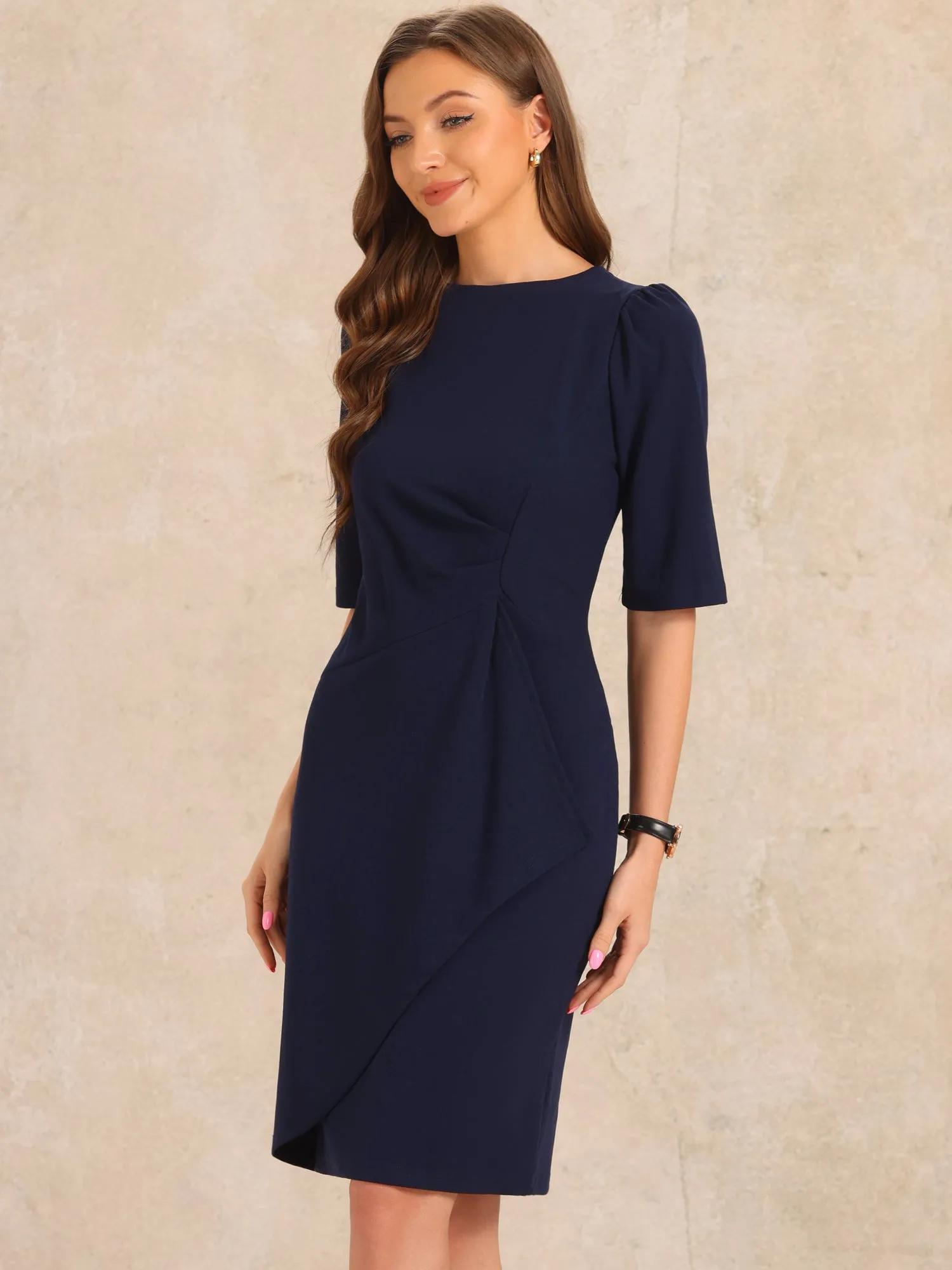 Ruched Puff Short Sleeve Work Sheath Midi Dress sold by Allegra K