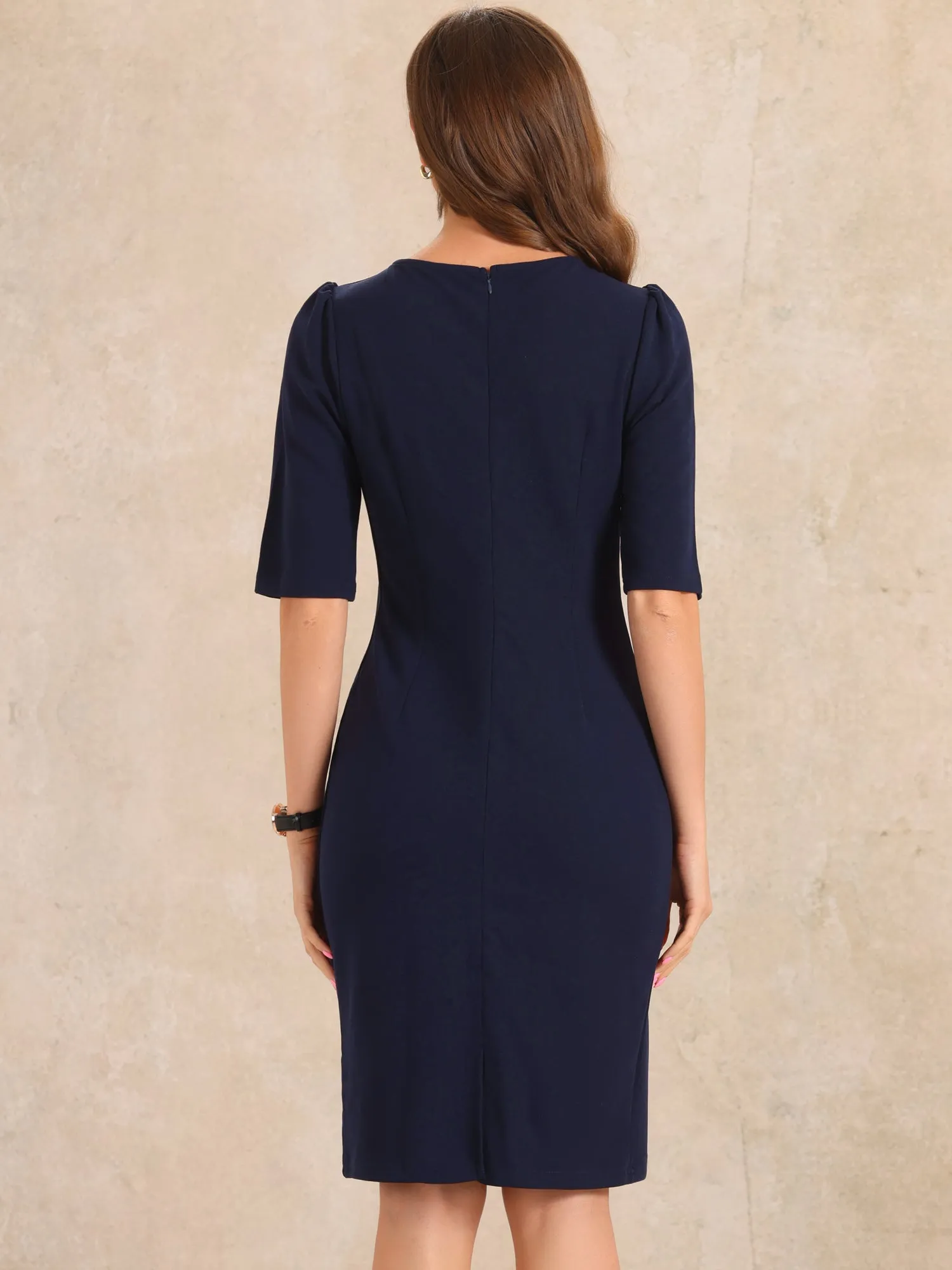 Ruched Puff Short Sleeve Work Sheath Midi Dress sold by Allegra K product image thumbnail 3