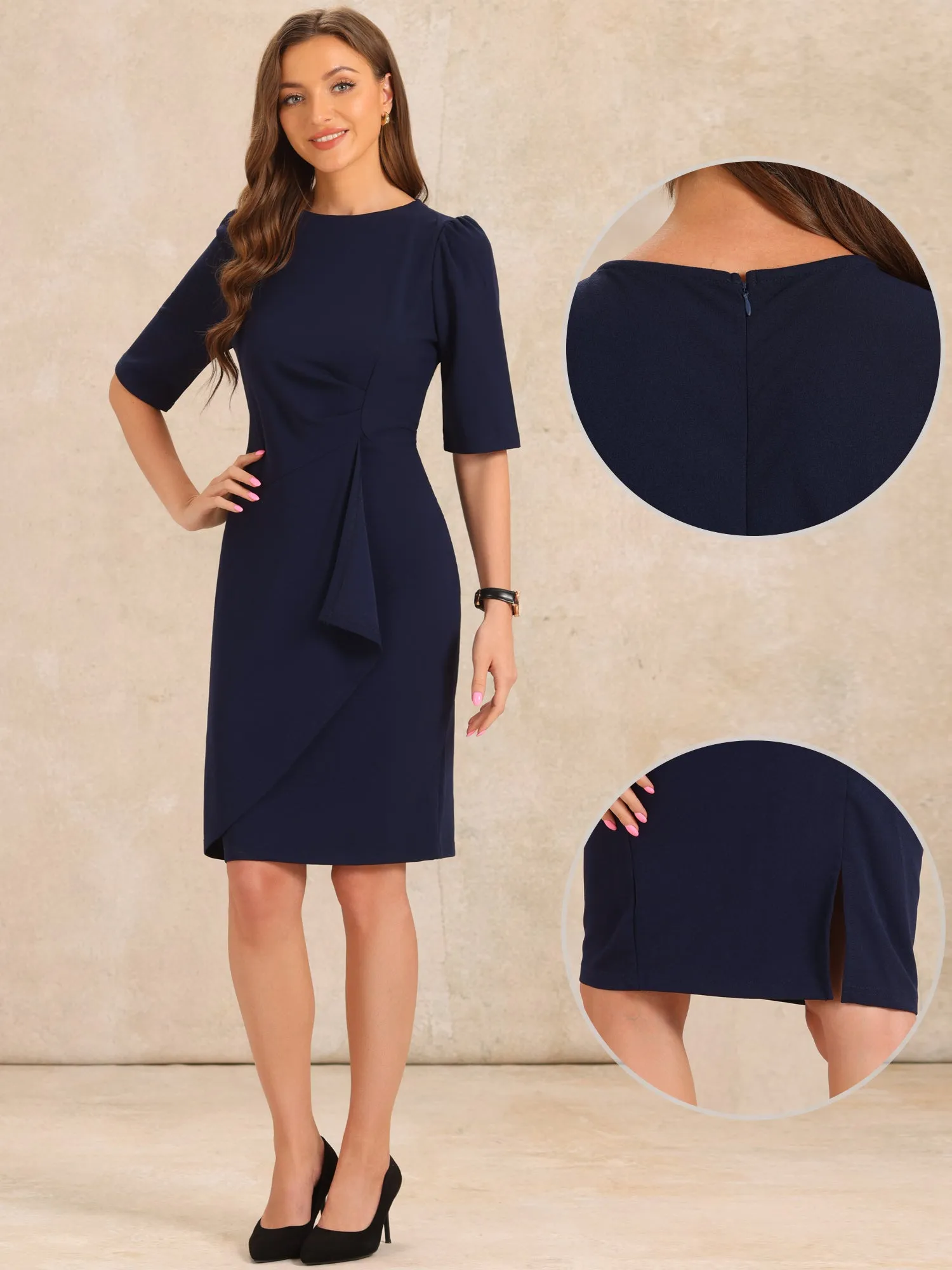 Ruched Puff Short Sleeve Work Sheath Midi Dress sold by Allegra K product image thumbnail 2