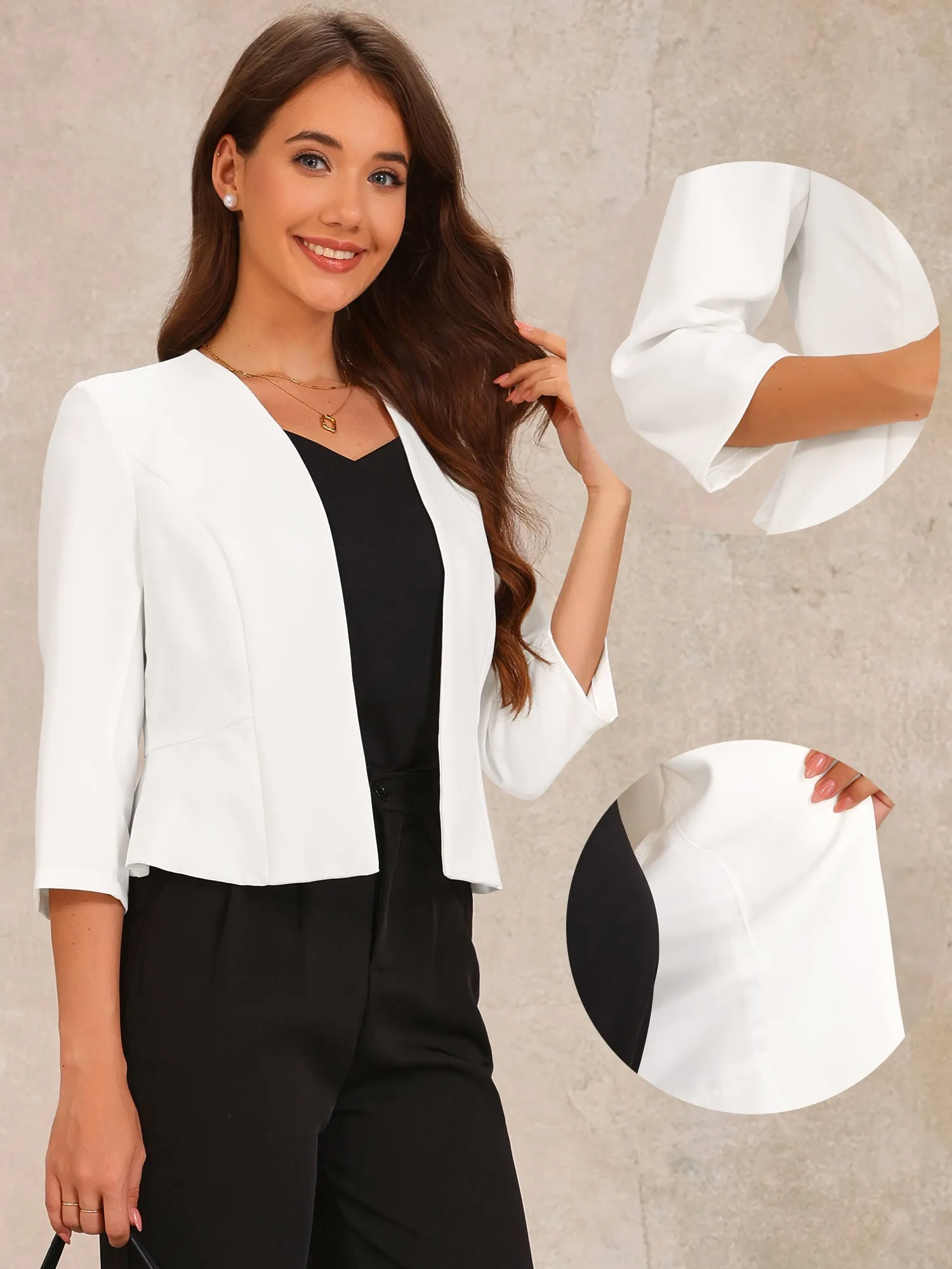 Open Front Collarless 3/4 Sleeve Peplum Cropped Jacket sold by Allegra K