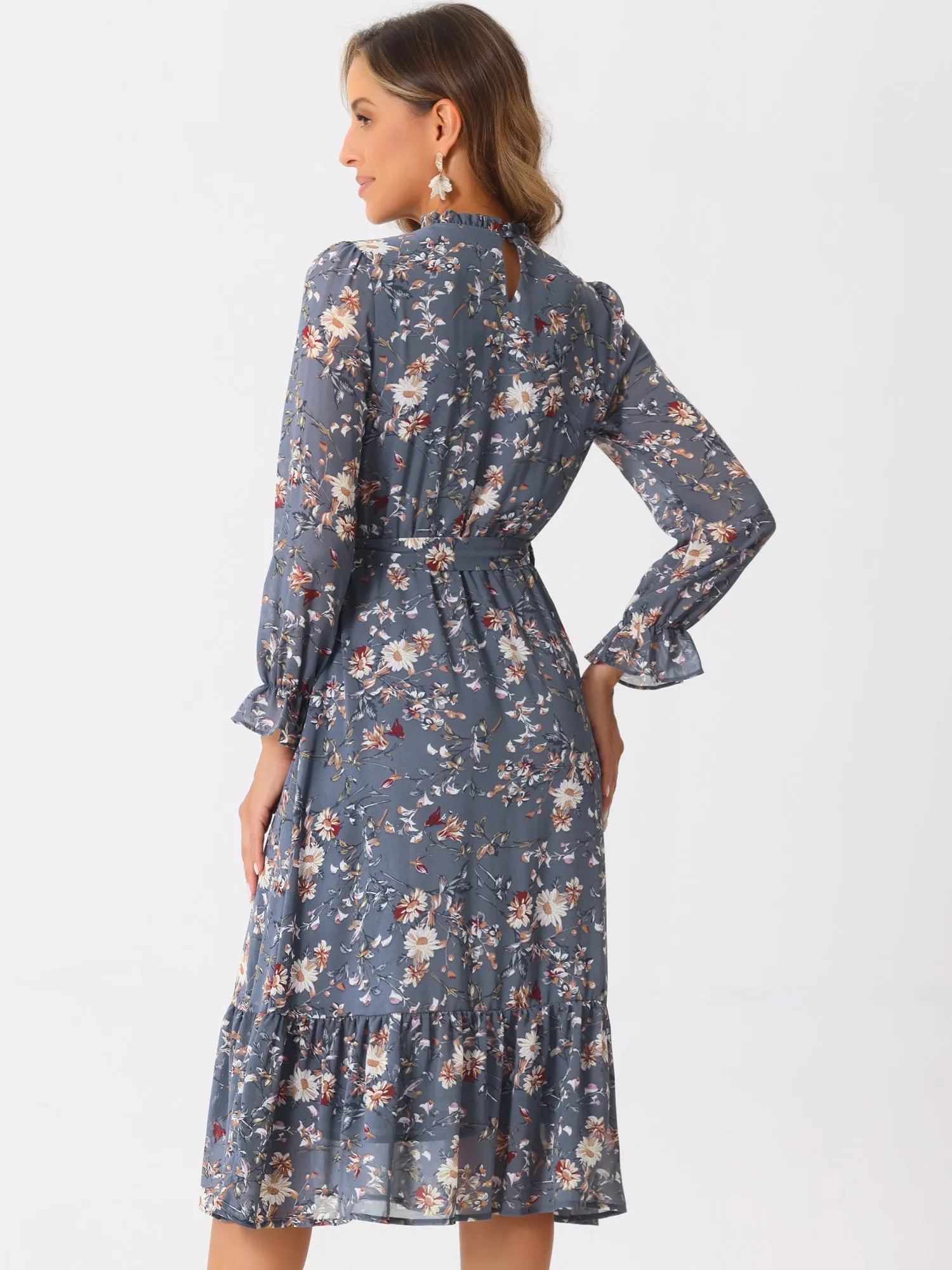 Floral Long Sleeve Belted Flowy Chiffon Midi Dress sold by Allegra K product image thumbnail 2
