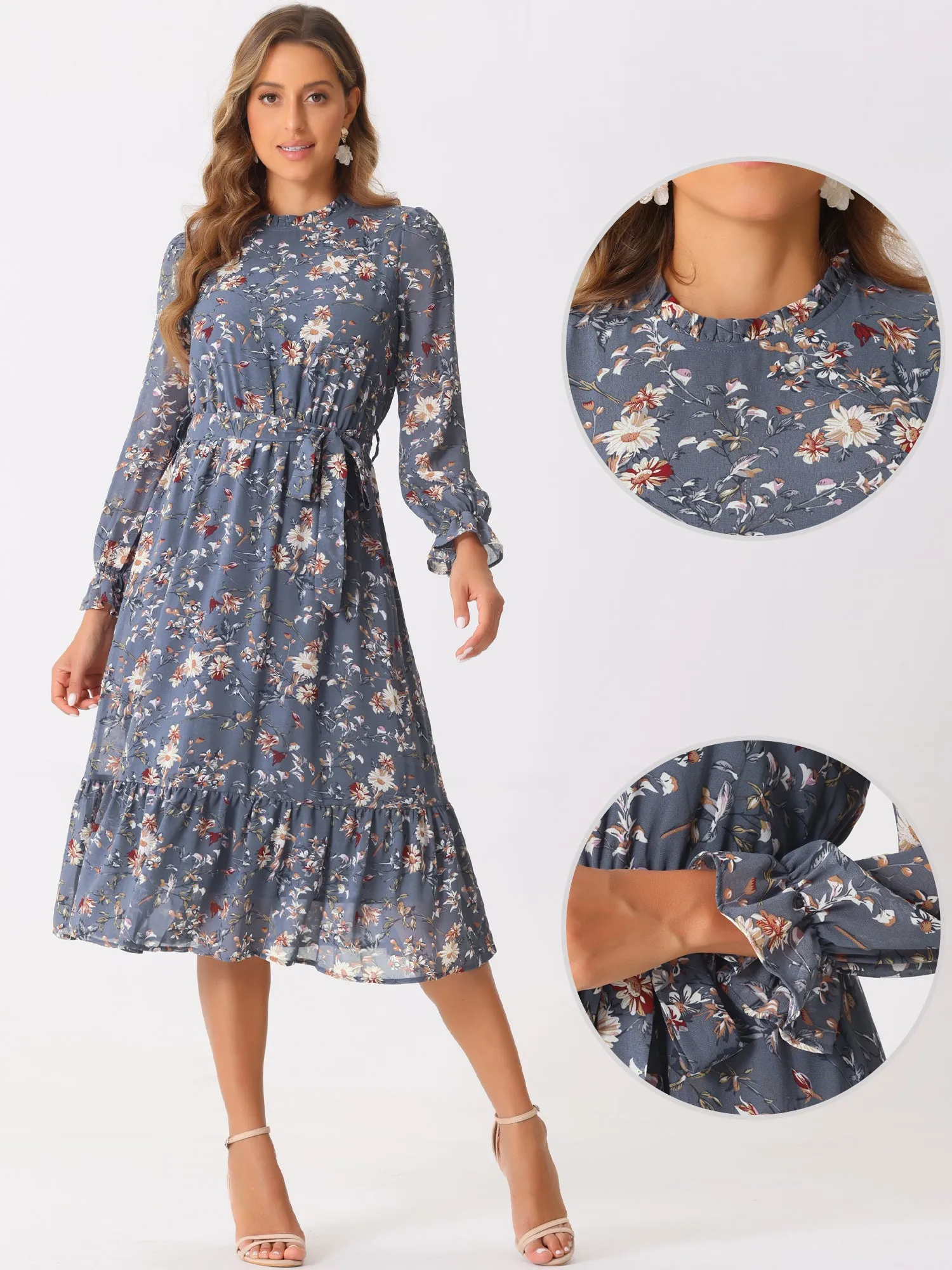 Floral Long Sleeve Belted Flowy Chiffon Midi Dress sold by Allegra K
