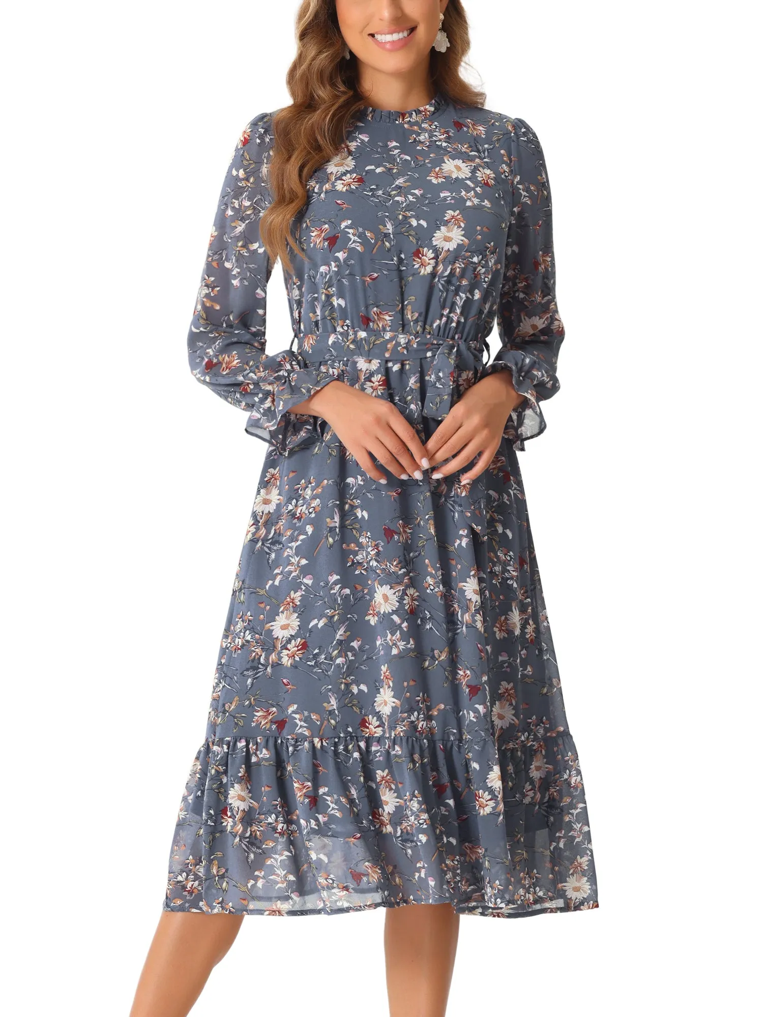 Floral Long Sleeve Belted Flowy Chiffon Midi Dress sold by Allegra K product image thumbnail 5