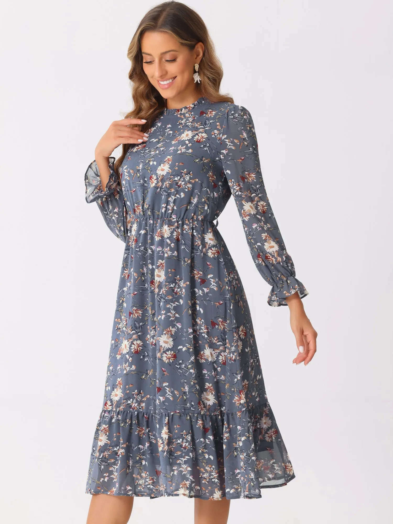 Floral Long Sleeve Belted Flowy Chiffon Midi Dress sold by Allegra K product image thumbnail 3